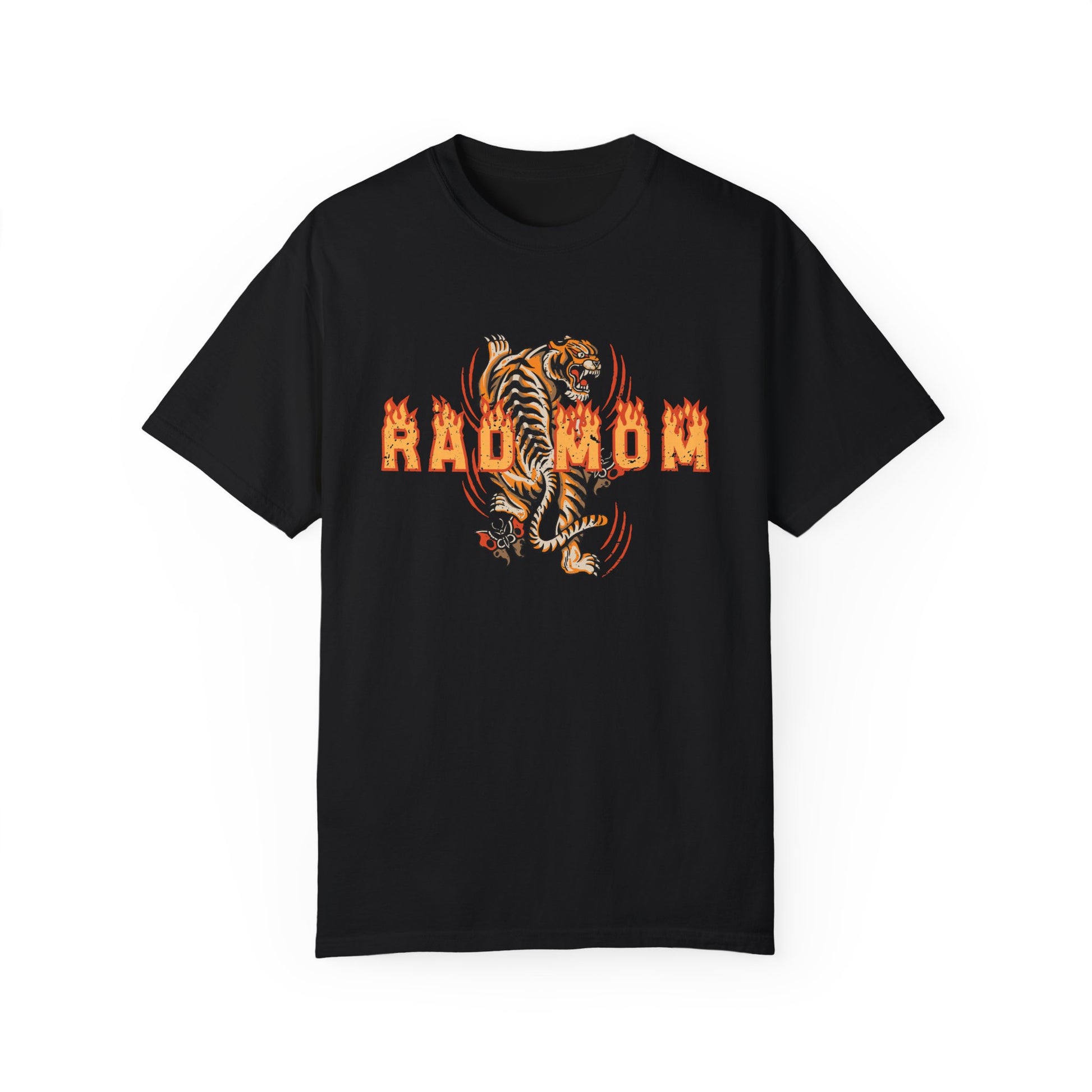 Rad mom graphic tee featuring bold vintage tiger design with flame details. Cool mom streetwear shirt with retro tattoo style graphic perfect for everyday edgy mom style and bold vintage inspired streetwear.