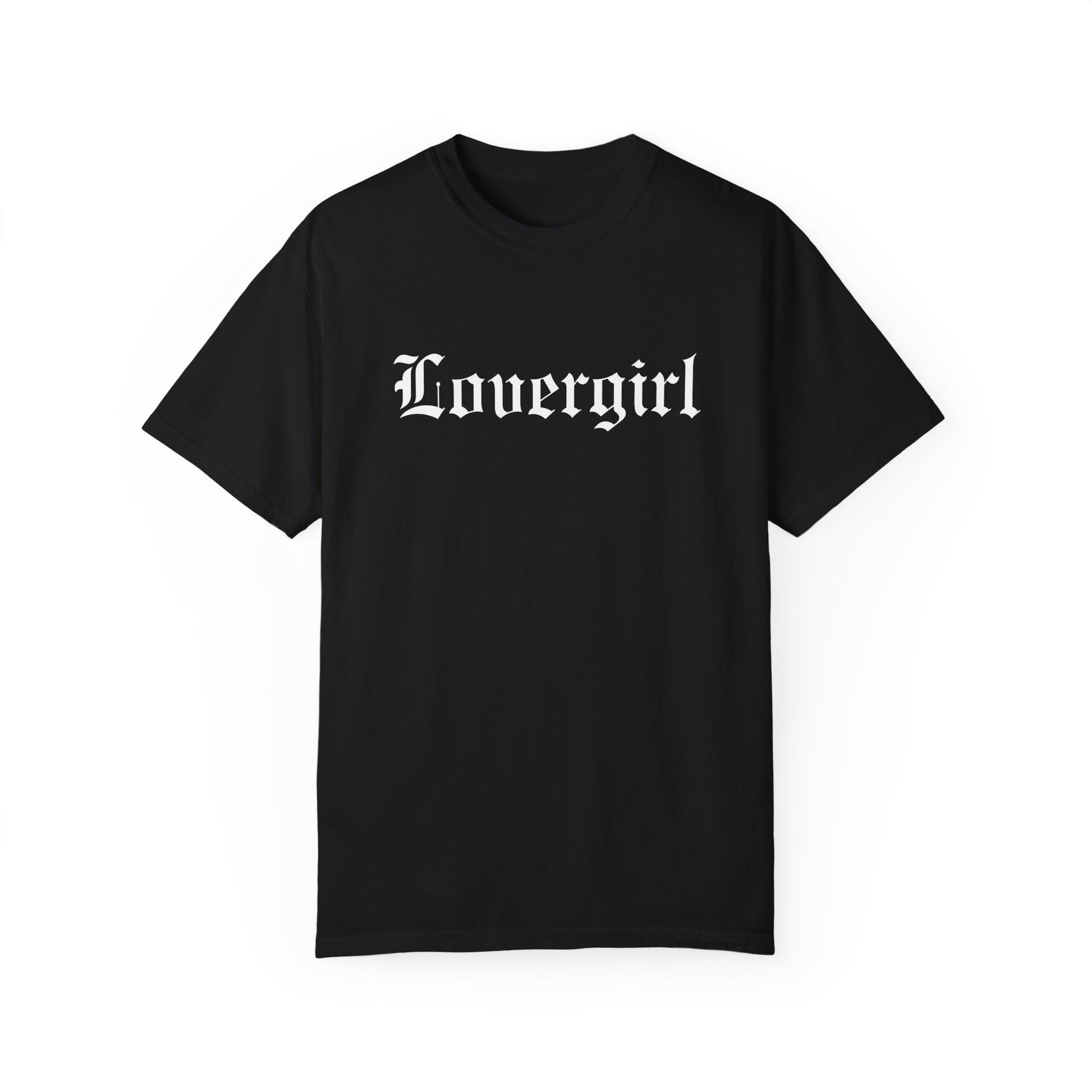 Vintage lovergirl tee in black with old English text font. Oversized casual fit perfect as a retro aesthetic shirt or edgy women’s graphic tee. Soft cotton black tee for everyday wear, combining minimalist style with trendy retro t-shirt vibes.