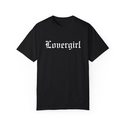Vintage lovergirl tee in black with old English text font. Oversized casual fit perfect as a retro aesthetic shirt or edgy women’s graphic tee. Soft cotton black tee for everyday wear, combining minimalist style with trendy retro t-shirt vibes.