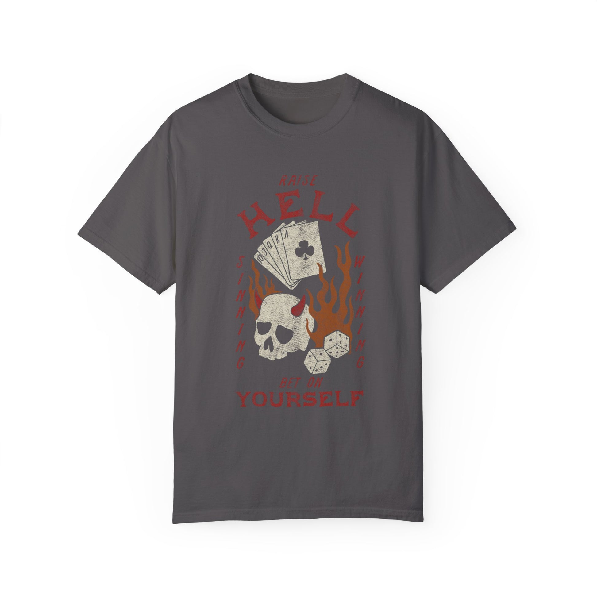 Vintage skull tee with a hellfire graphic, outlaw poker design, and flaming dice. Edgy gambling shirt with tattoo style skull, gothic aesthetic, and punk rock vibe. Retro casino shirt for risk-takers who love badass dice graphics and dark streetwear fashion.