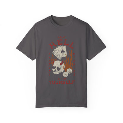 Vintage skull tee with a hellfire graphic, outlaw poker design, and flaming dice. Edgy gambling shirt with tattoo style skull, gothic aesthetic, and punk rock vibe. Retro casino shirt for risk-takers who love badass dice graphics and dark streetwear fashion.