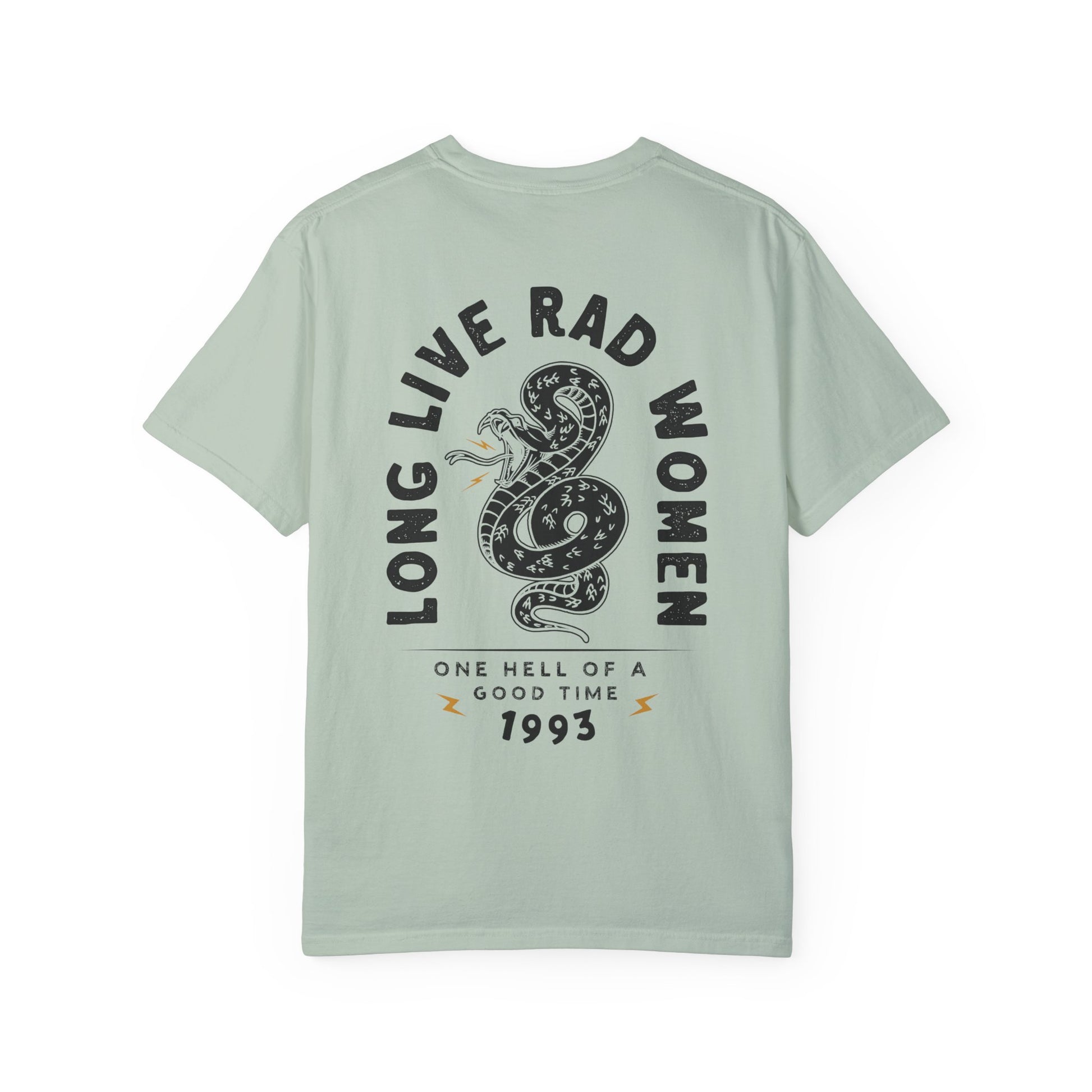 Long Live Rad Women retro snake tee, vintage cotton shirt with relaxed fit, feminist graphic tee, statement graphic tee, snake design tee, lightweight casual cotton tee, bold feminist shirt, 90s style t-shirt, graphic women tee for everyday wear.