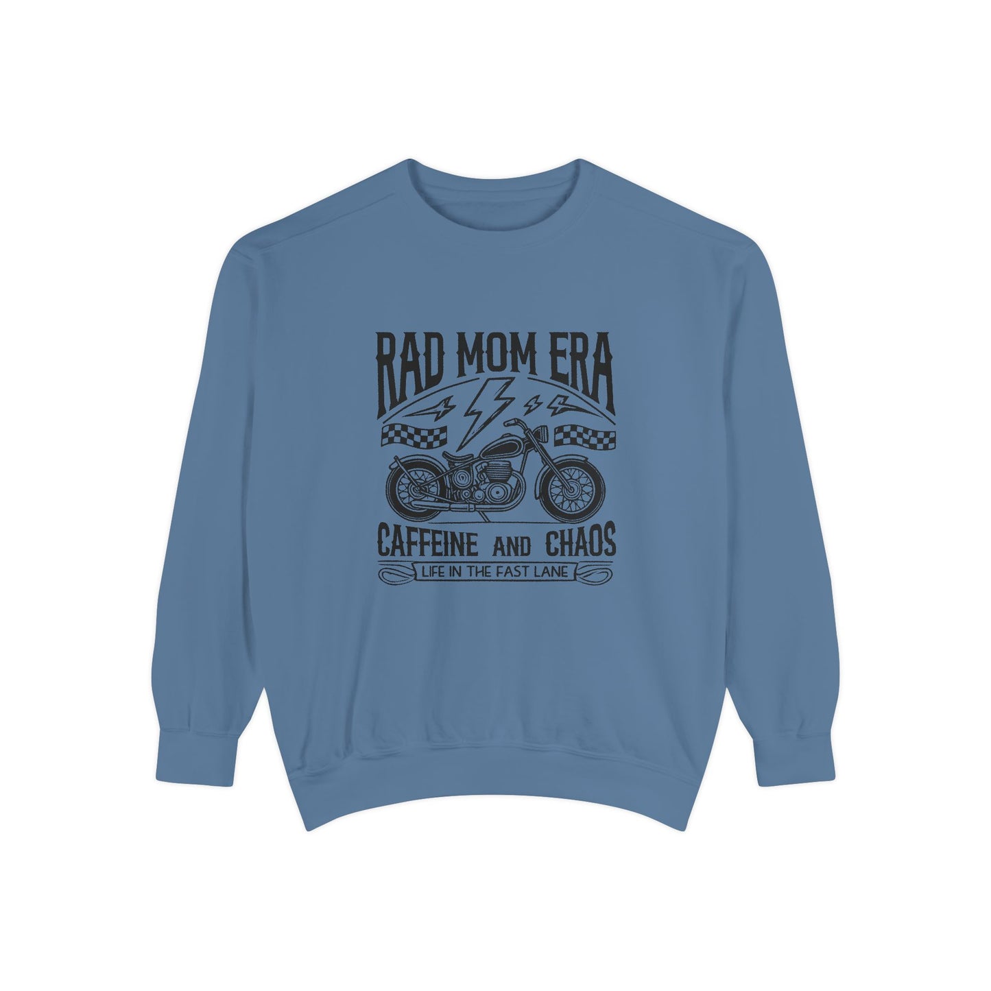 Rad mom graphic tee featuring a vintage motorcycle design with bold text. Perfect for edgy mom style, this trendy mom sweatshirt embodies caffeine chaos vibes and retro mom life. Great for biker moms or stylish moms seeking a casual yet bold look.