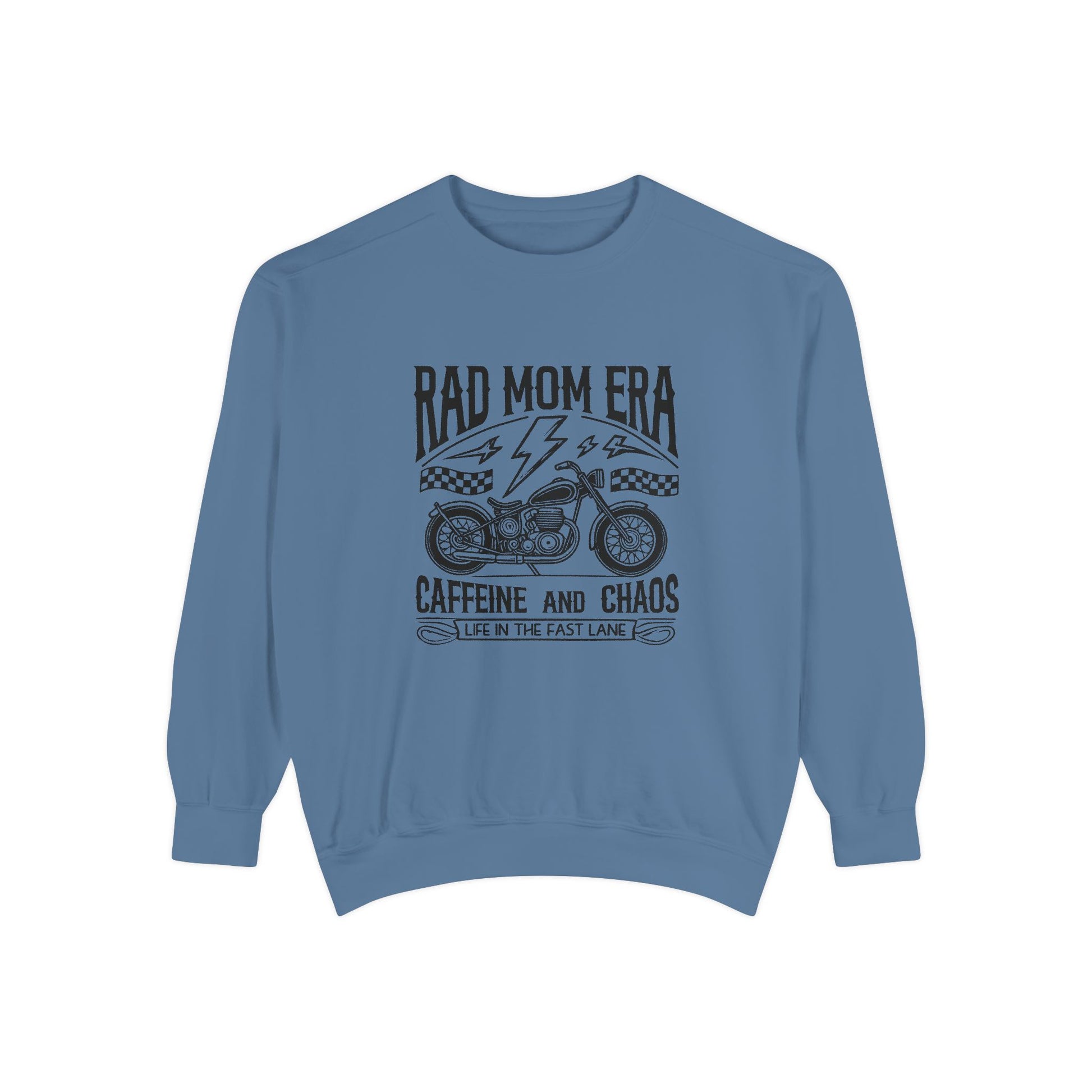 Rad mom graphic tee featuring a vintage motorcycle design with bold text. Perfect for edgy mom style, this trendy mom sweatshirt embodies caffeine chaos vibes and retro mom life. Great for biker moms or stylish moms seeking a casual yet bold look.