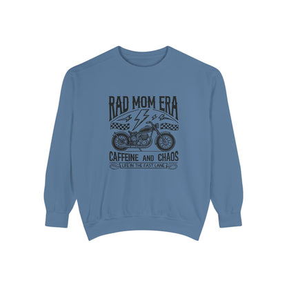 Rad mom graphic tee featuring a vintage motorcycle design with bold text. Perfect for edgy mom style, this trendy mom sweatshirt embodies caffeine chaos vibes and retro mom life. Great for biker moms or stylish moms seeking a casual yet bold look.