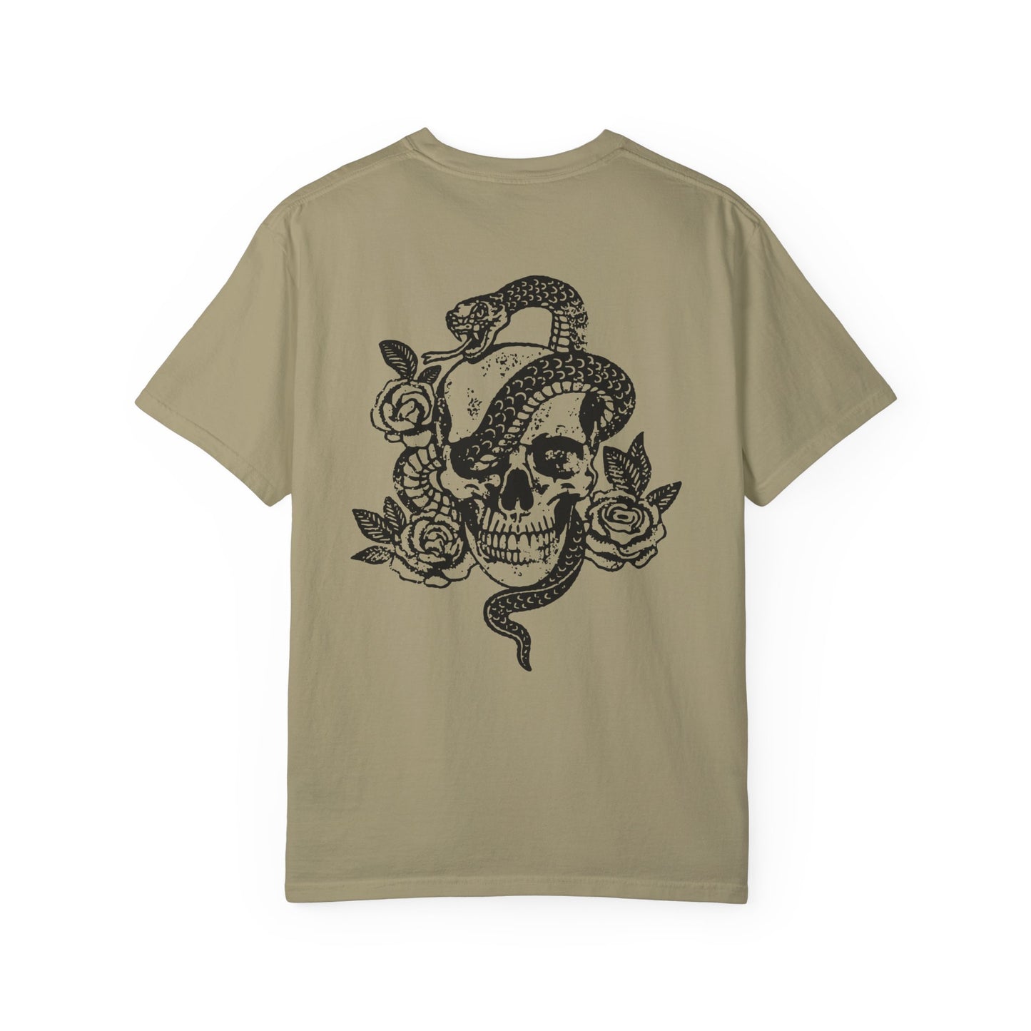 Snake skull shirt with a bold skull, rose, and snake design, blending edgy and gothic vibes. This dark graphic tee is ideal for fans of retro snake shirts, witchy skeleton tees, or unique rose t-shirts seeking a vintage gothic aesthetic for everyday wear.
