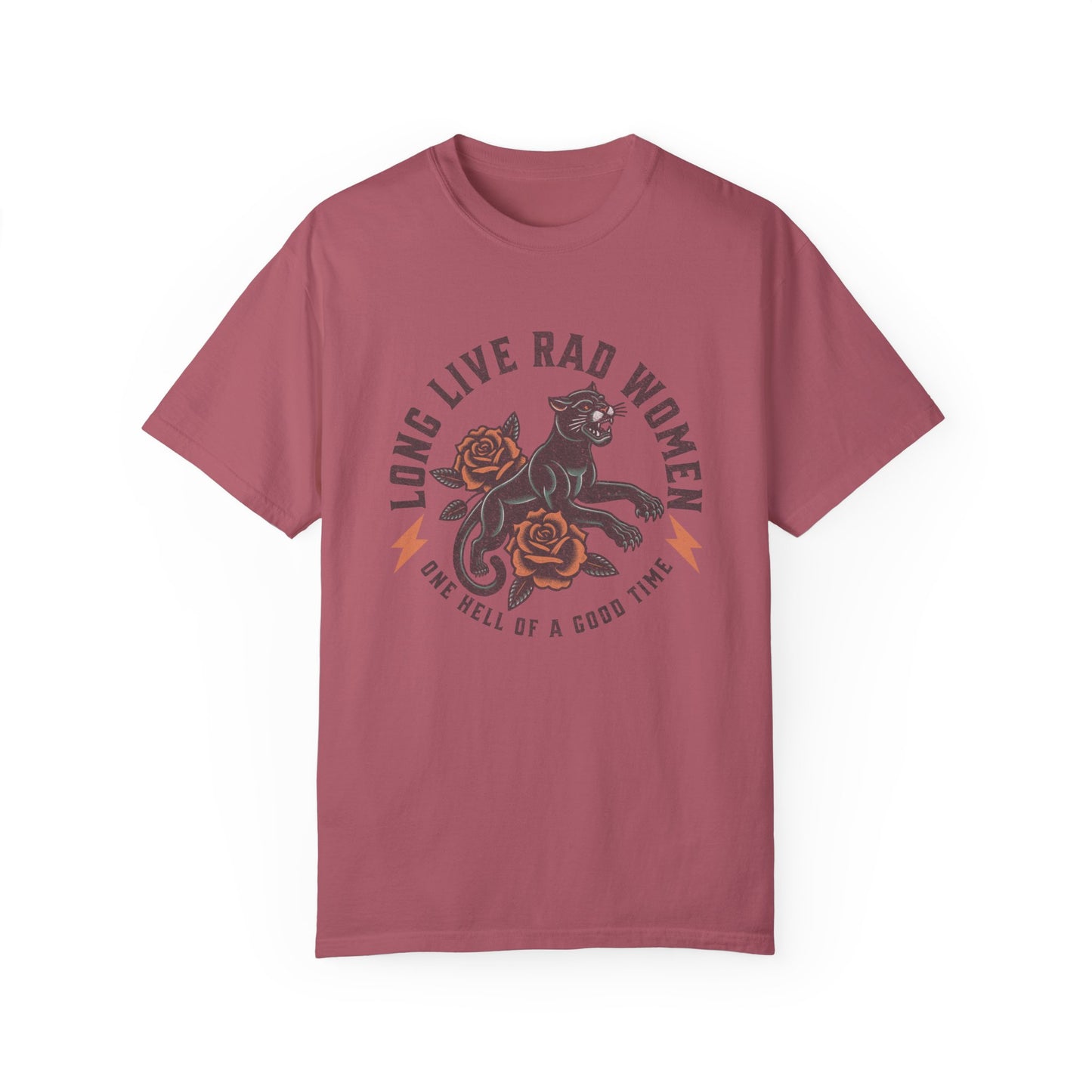Rad women graphic tee with vintage panther and floral tattoo design. Feminist retro tee made for bold women and cool girls. Edgy graphic tee with panther crew style for rebel hearts. Powerful women tee perfect for everyday casual looks.