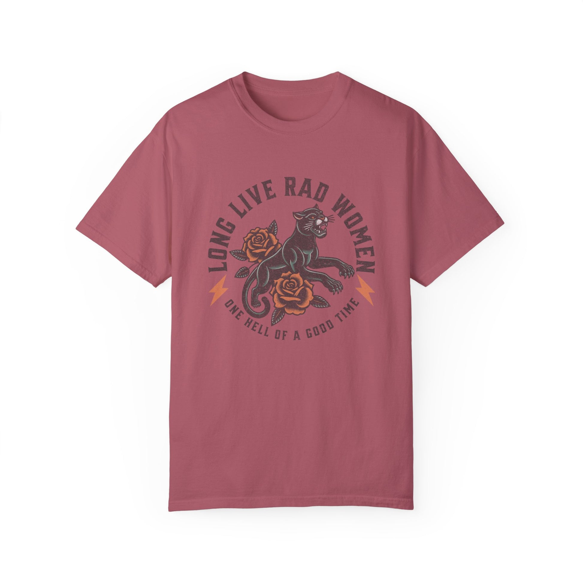 Rad women graphic tee with vintage panther and floral tattoo design. Feminist retro tee made for bold women and cool girls. Edgy graphic tee with panther crew style for rebel hearts. Powerful women tee perfect for everyday casual looks.
