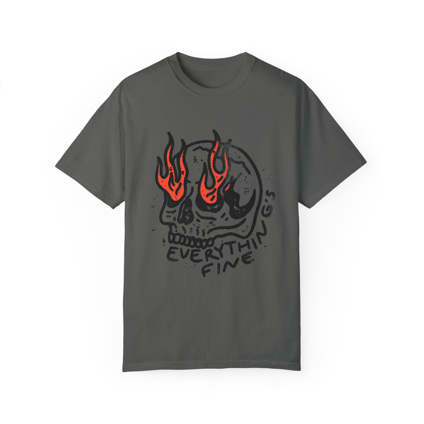 Distressed Skull Graphic T-Shirt with flames and bold grunge design. Oversized fit offers comfort and vintage-inspired edge for casual or streetwear outfits. 