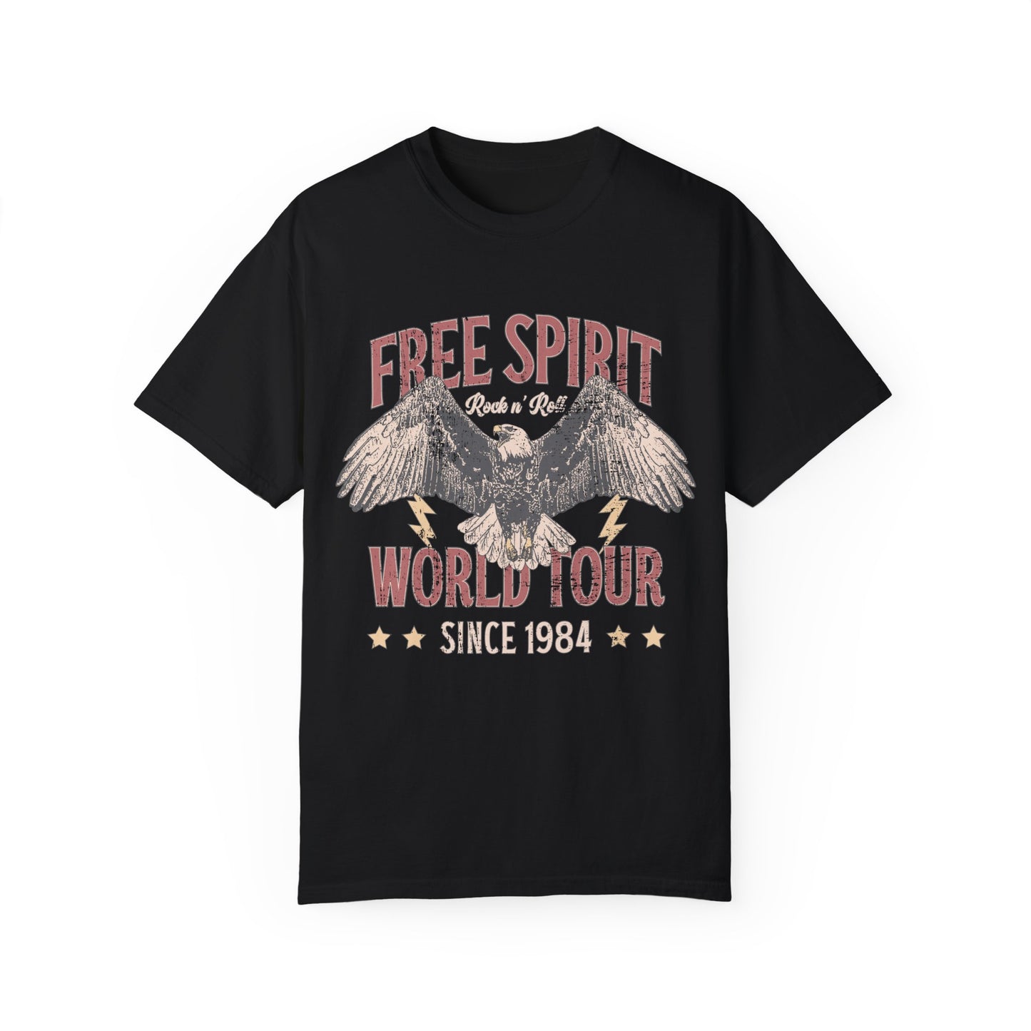 Vintage tour shirt with eagle graphic, distressed details, and 1984 band tour text, perfect for lovers of retro graphic tees, rock and roll shirts, and oversized styles. Casual vintage tee with bold lightning bolt accents.