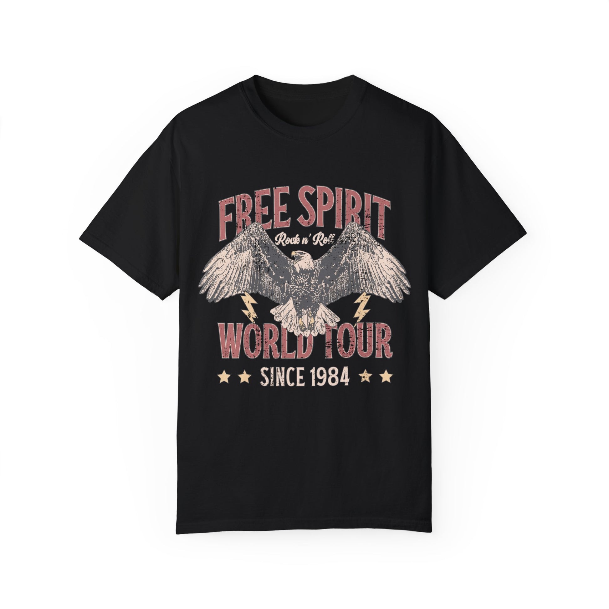 Vintage tour shirt with eagle graphic, distressed details, and 1984 band tour text, perfect for lovers of retro graphic tees, rock and roll shirts, and oversized styles. Casual vintage tee with bold lightning bolt accents.