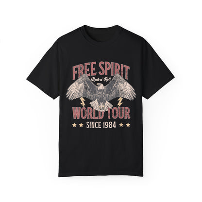 Vintage tour shirt with eagle graphic, distressed details, and 1984 band tour text, perfect for lovers of retro graphic tees, rock and roll shirts, and oversized styles. Casual vintage tee with bold lightning bolt accents.