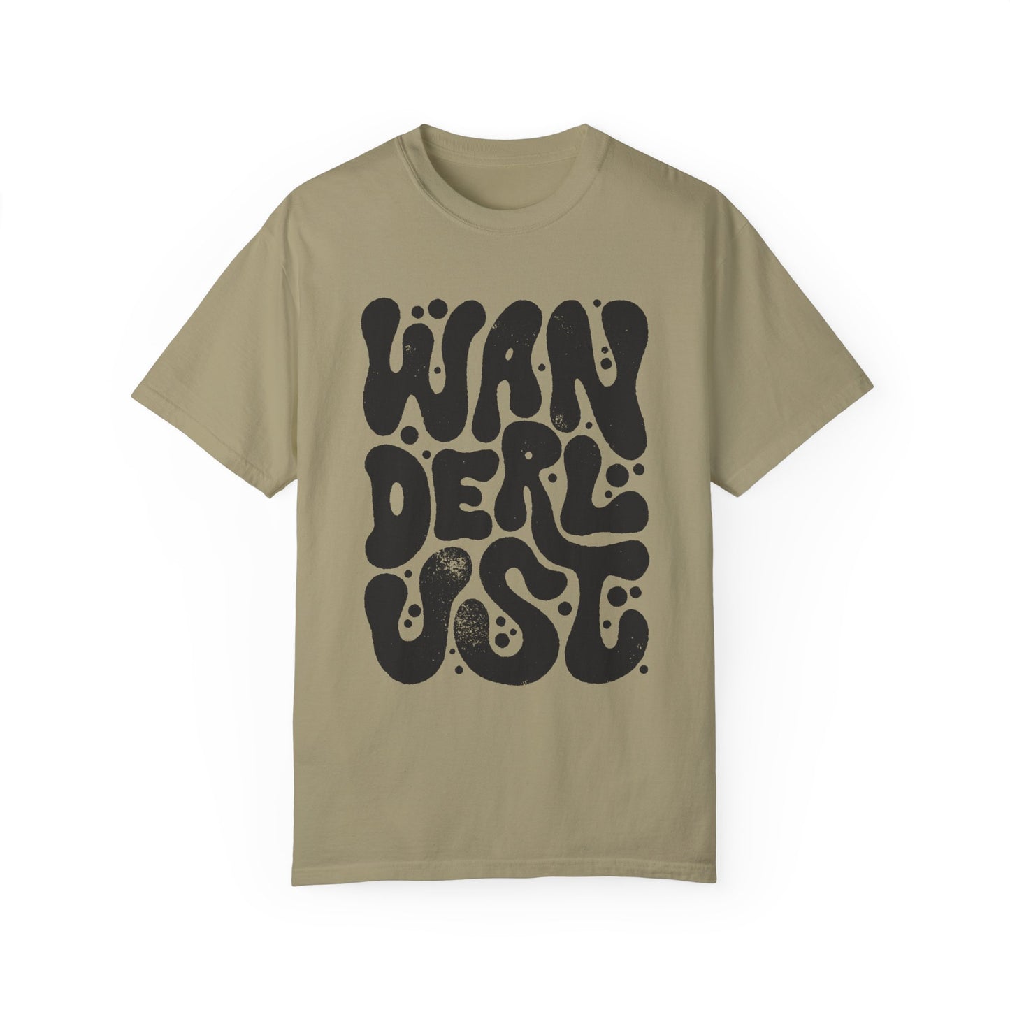 Retro Wanderlust Tee with bold psychedelic font, perfect for travel lovers, free spirits, and adventure seekers. Vintage-inspired graphic t-shirt with groovy lettering and minimalist aesthetic. Oversized fit for a laid-back, casual style. 