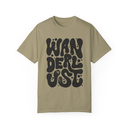 Retro Wanderlust Tee with bold psychedelic font, perfect for travel lovers, free spirits, and adventure seekers. Vintage-inspired graphic t-shirt with groovy lettering and minimalist aesthetic. Oversized fit for a laid-back, casual style. 