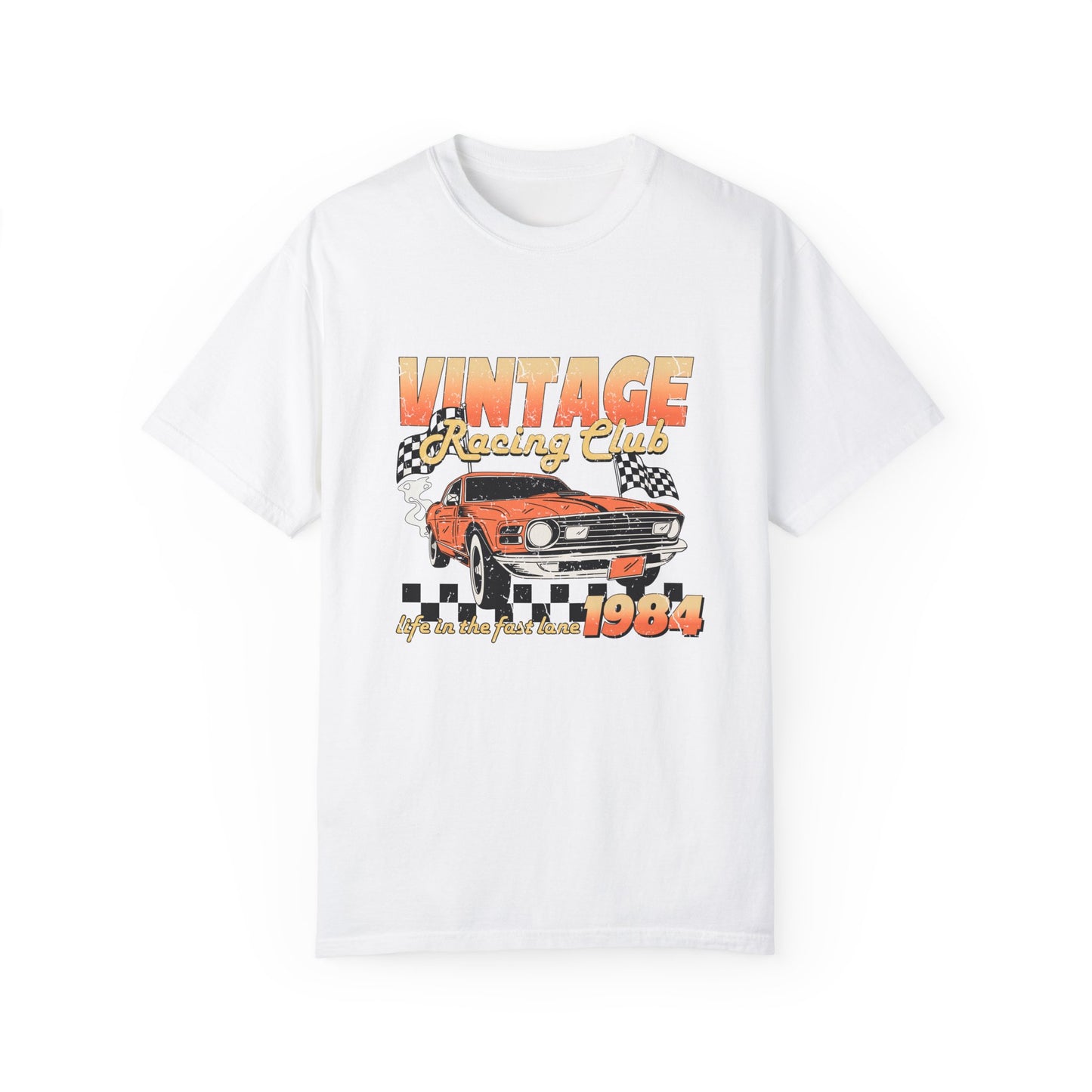 Retro racing T-shirt featuring a bold 1984 vintage design with distressed car graphics. Perfect nostalgic car shirt for muscle car lovers, featuring checkered flag details. Ideal for fans of old school racing and fast lane graphic tees.