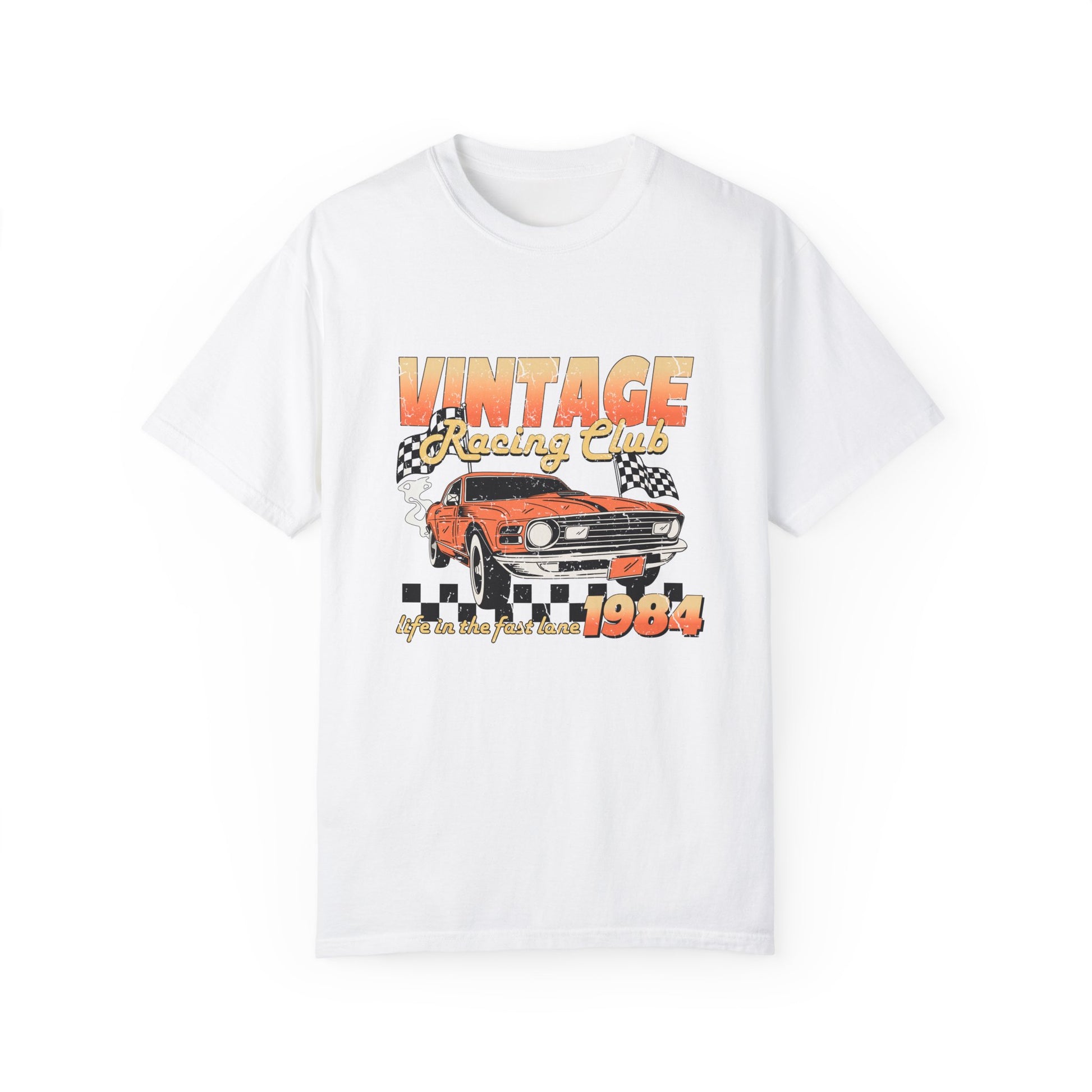 Retro racing T-shirt featuring a bold 1984 vintage design with distressed car graphics. Perfect nostalgic car shirt for muscle car lovers, featuring checkered flag details. Ideal for fans of old school racing and fast lane graphic tees.