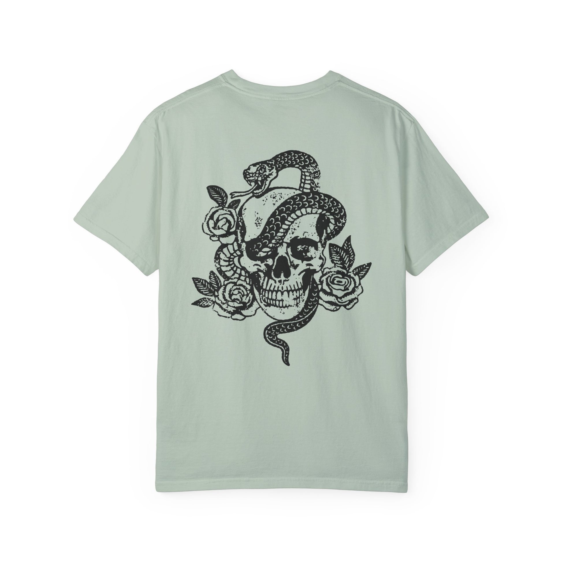 Snake skull shirt with a bold skull, rose, and snake design, blending edgy and gothic vibes. This dark graphic tee is ideal for fans of retro snake shirts, witchy skeleton tees, or unique rose t-shirts seeking a vintage gothic aesthetic for everyday wear.