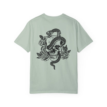 Snake skull shirt with a bold skull, rose, and snake design, blending edgy and gothic vibes. This dark graphic tee is ideal for fans of retro snake shirts, witchy skeleton tees, or unique rose t-shirts seeking a vintage gothic aesthetic for everyday wear.