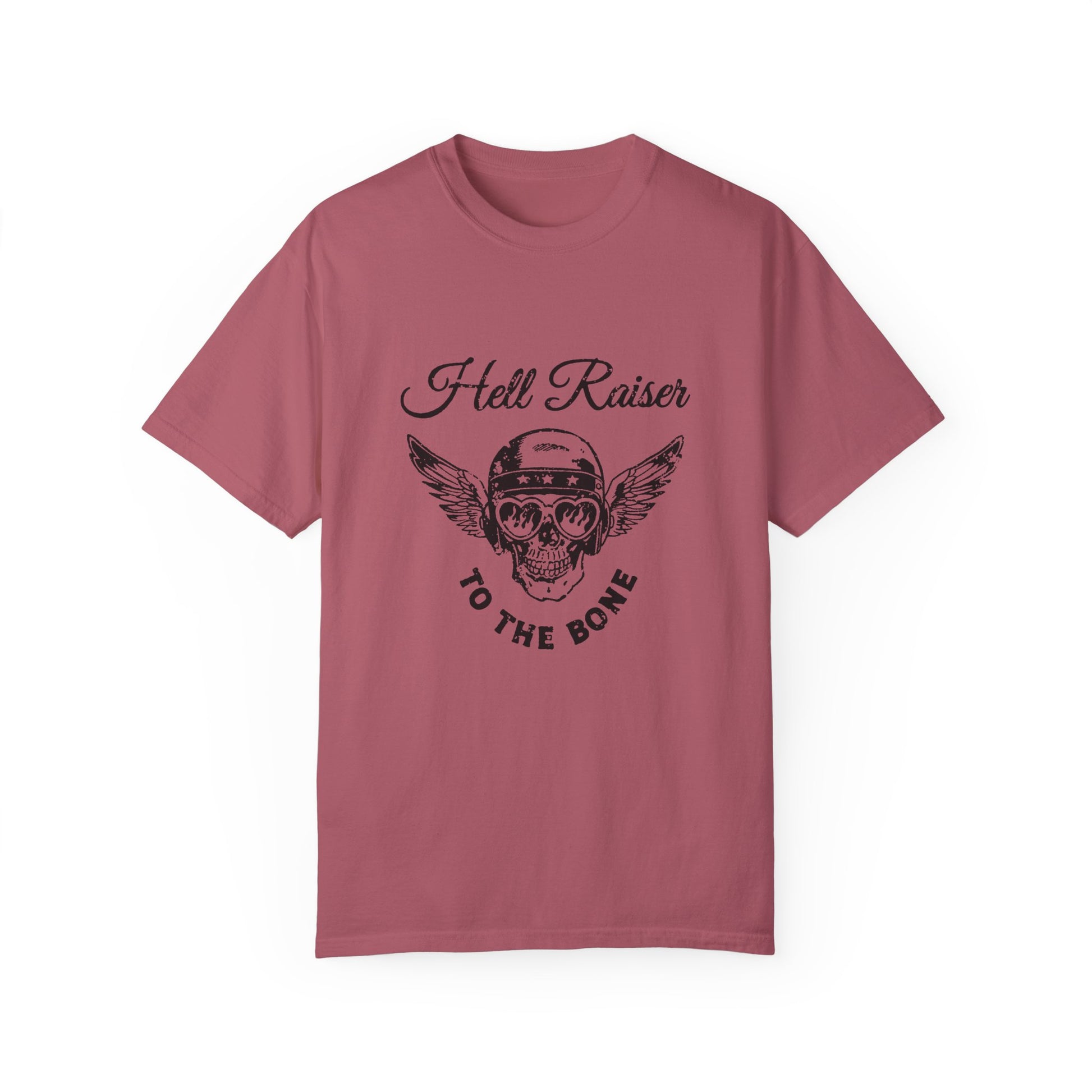 Graphic tee featuring a vintage-inspired winged skull and helmet design. Perfect for fans of retro biker style, rebel looks, and distressed rocker shirts. A badass, edgy option for casual wear with a unique skull and wings design.