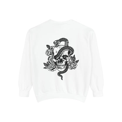 Dark cottagecore top with skeleton graphic and snake design, witchy celestial style sweatshirt, edgy retro pullover perfect for gothic fashion lovers.