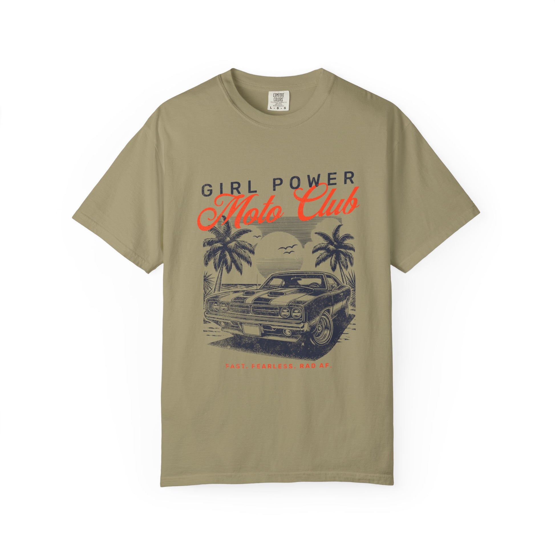 Beige t-shirt with 'Girl Power Moto Club' graphic design on a white background