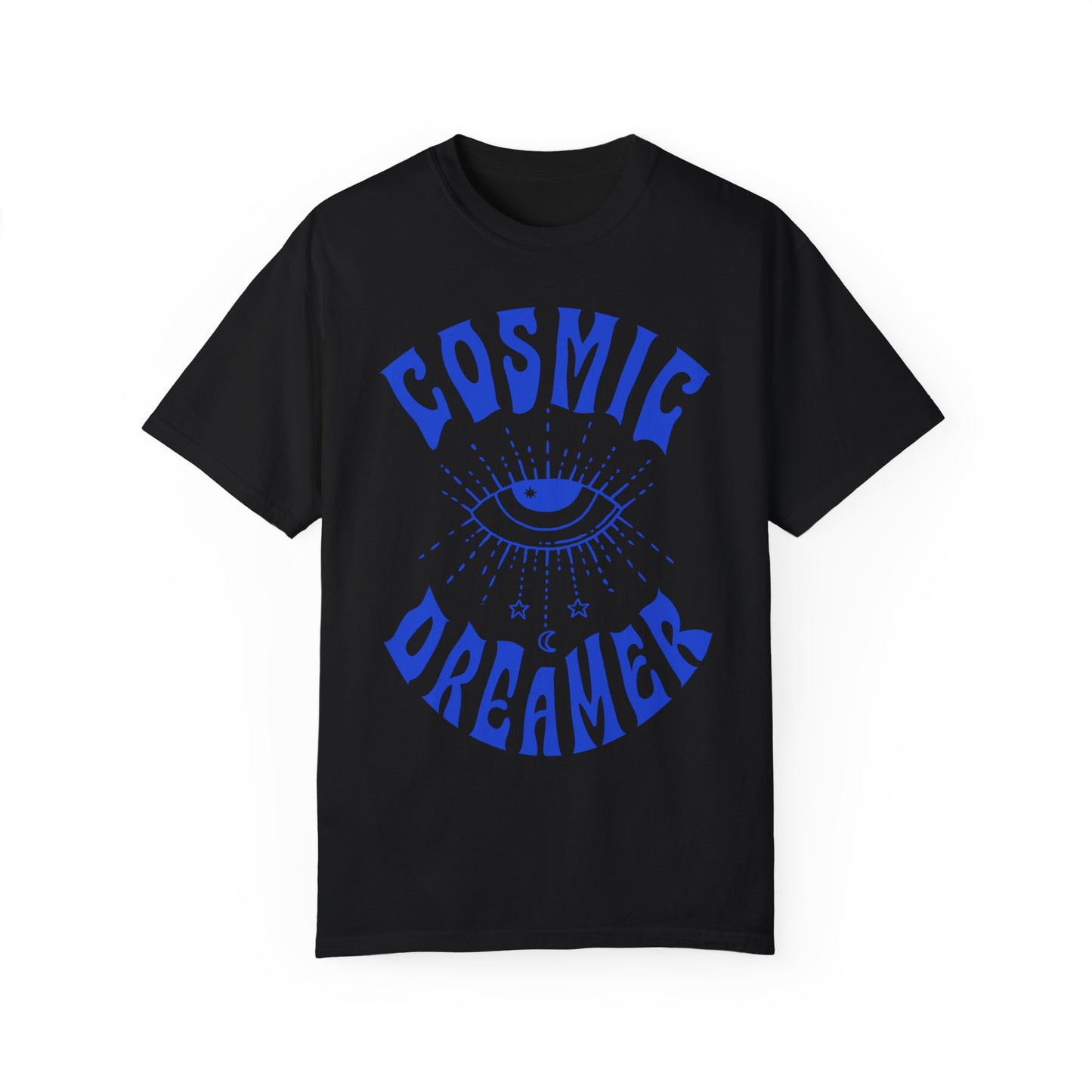 Mystical graphic tee featuring a spiritual eye, cosmic dreamer typography, and celestial design. Perfect for vintage-inspired outfits, boho rebel style, and night sky aesthetics.