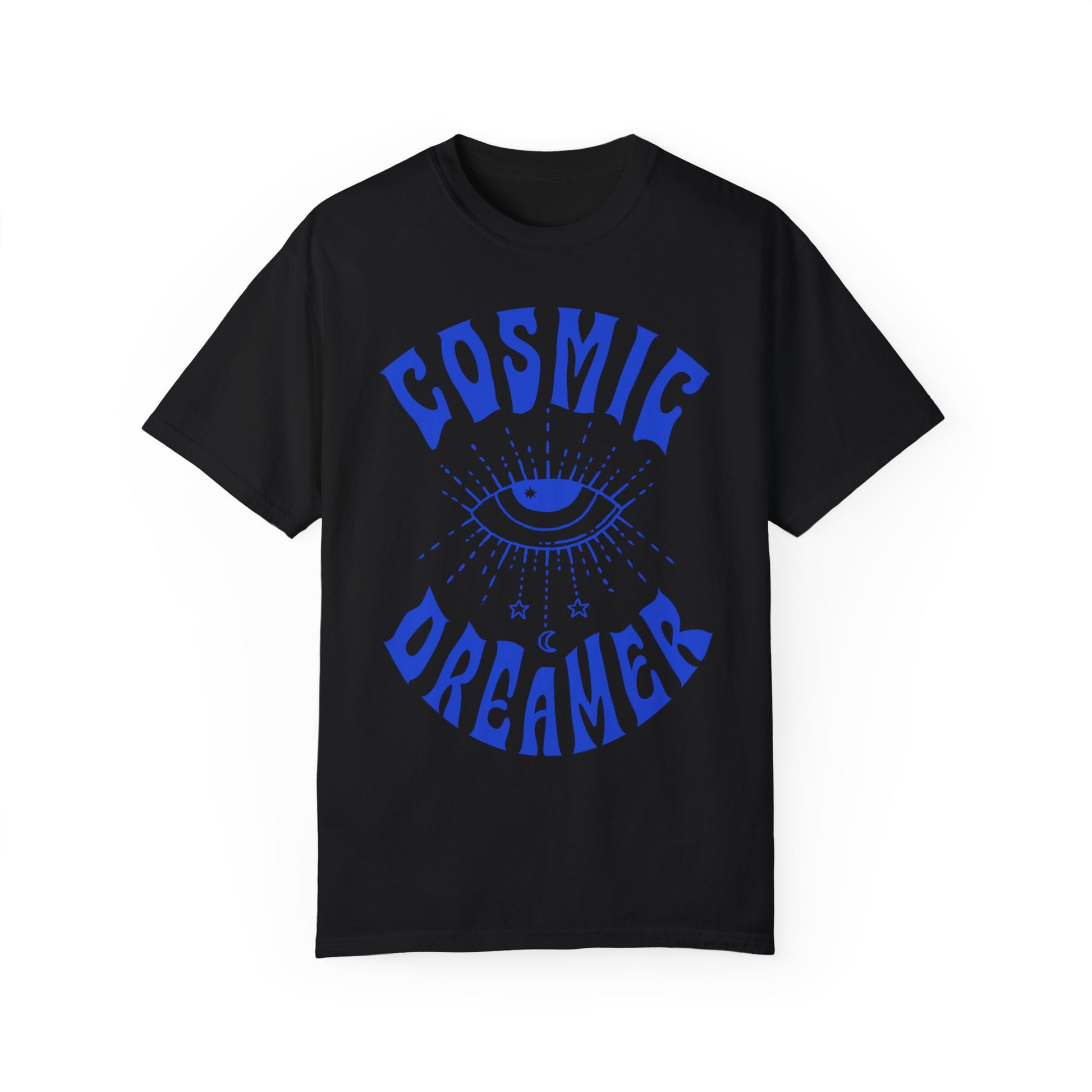 Mystical graphic tee featuring a spiritual eye, cosmic dreamer typography, and celestial design. Perfect for vintage-inspired outfits, boho rebel style, and night sky aesthetics.