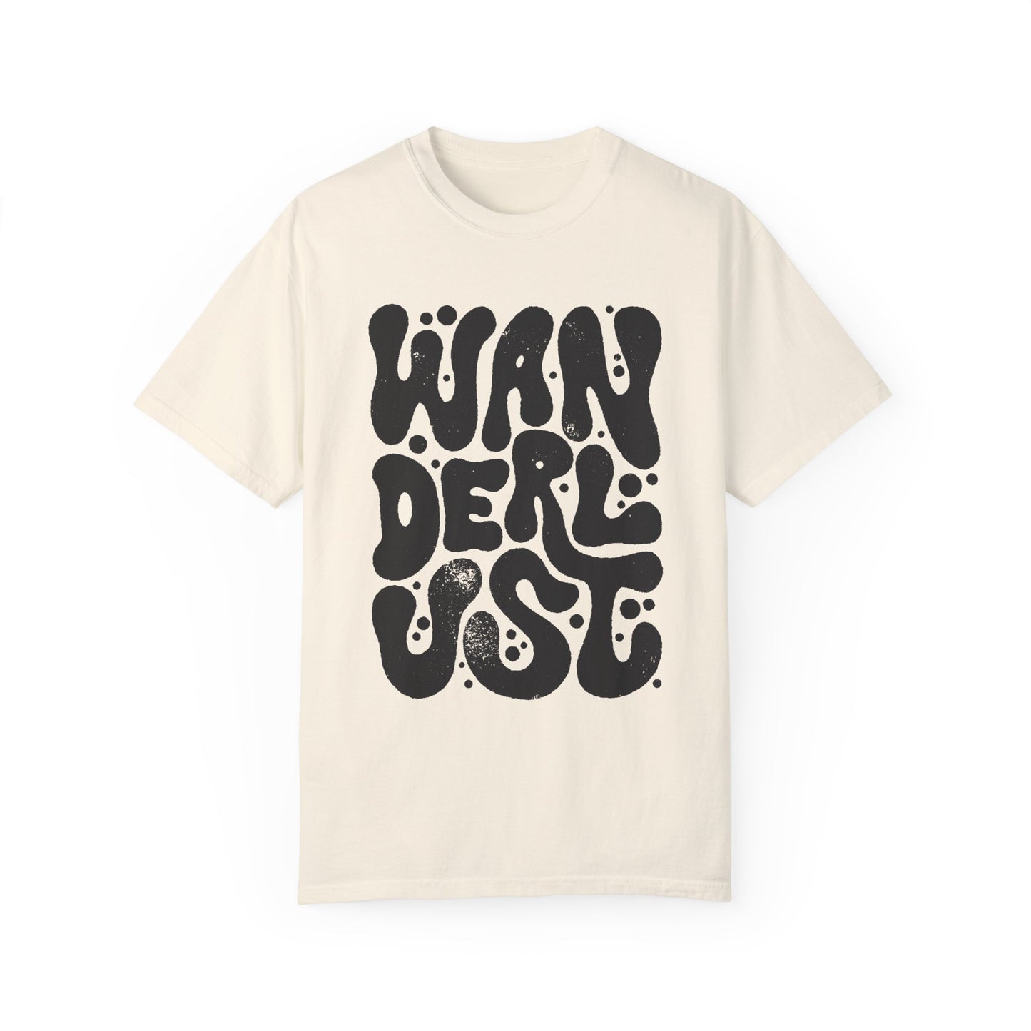 Retro Wanderlust Tee with bold psychedelic font, perfect for travel lovers, free spirits, and adventure seekers. Vintage-inspired graphic t-shirt with groovy lettering and minimalist aesthetic. Oversized fit for a laid-back, casual style. 
