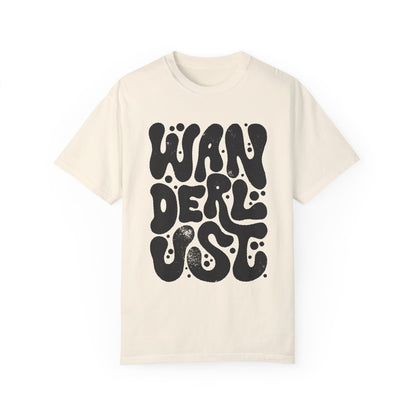 Retro Wanderlust Tee with bold psychedelic font, perfect for travel lovers, free spirits, and adventure seekers. Vintage-inspired graphic t-shirt with groovy lettering and minimalist aesthetic. Oversized fit for a laid-back, casual style. 