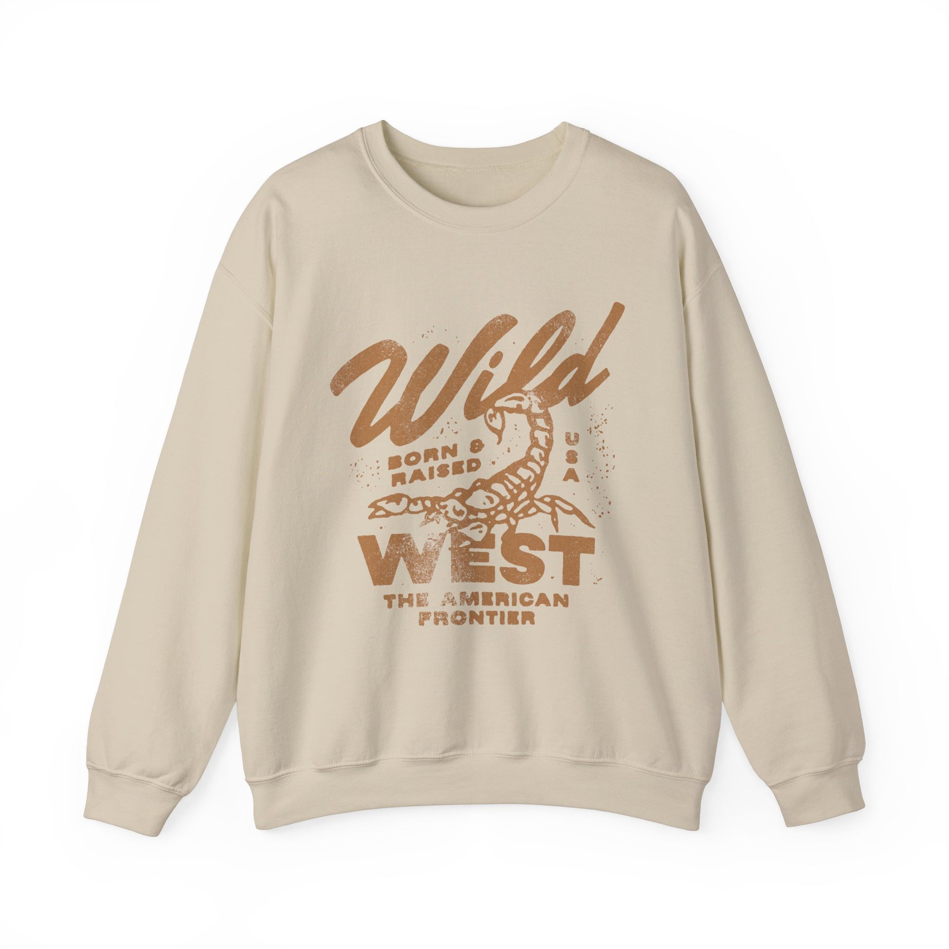 Vintage western top with a scorpion graphic and distressed details. Retro cowboy pullover with a rugged, rustic style. Wild West sweatshirt inspired by the American frontier. Western rodeo shirt with a bold design for an adventurous look.