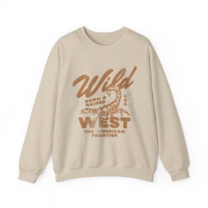 Vintage western top with a scorpion graphic and distressed details. Retro cowboy pullover with a rugged, rustic style. Wild West sweatshirt inspired by the American frontier. Western rodeo shirt with a bold design for an adventurous look.