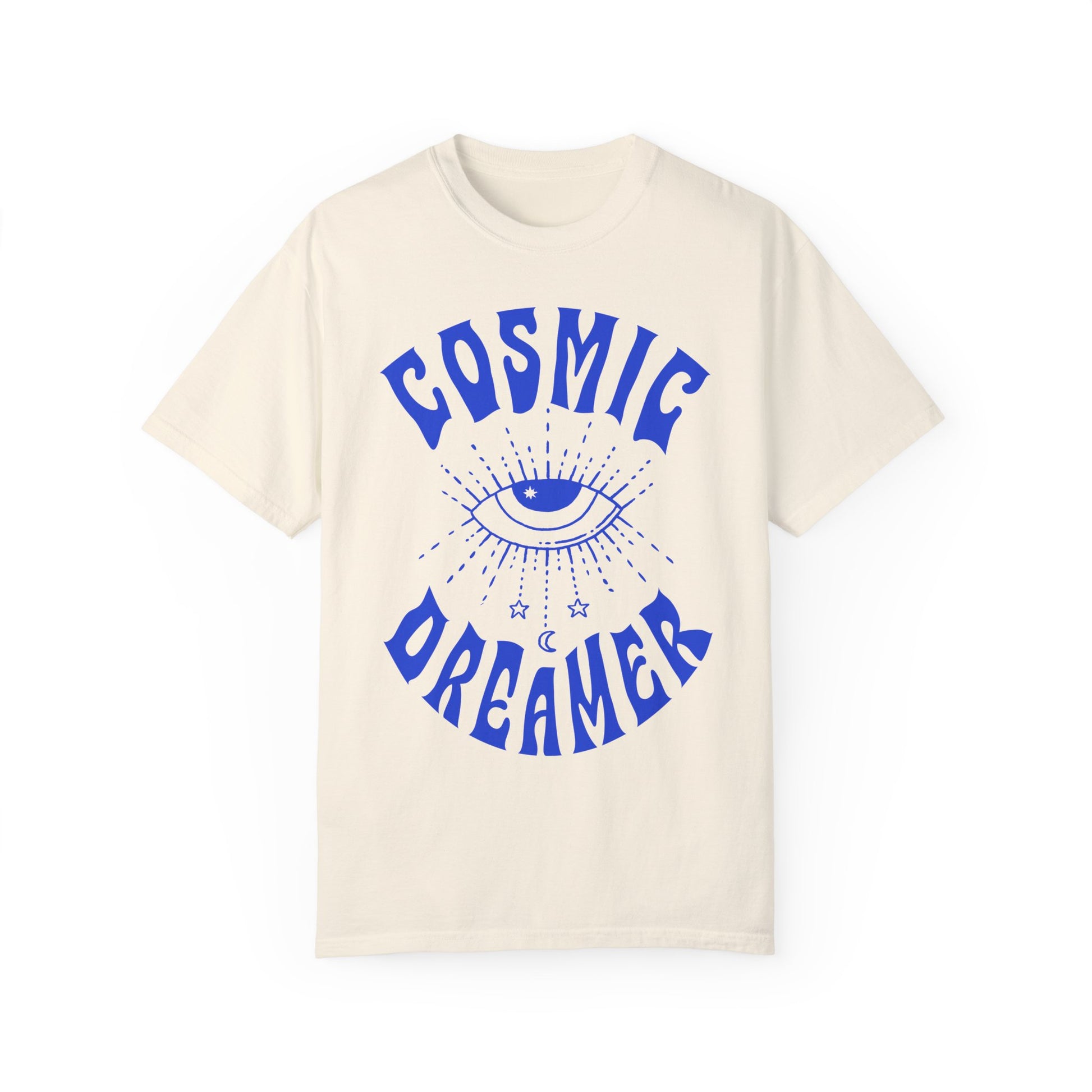 Mystical graphic tee featuring a spiritual eye, cosmic dreamer typography, and celestial design. Perfect for vintage-inspired outfits, boho rebel style, and night sky aesthetics.