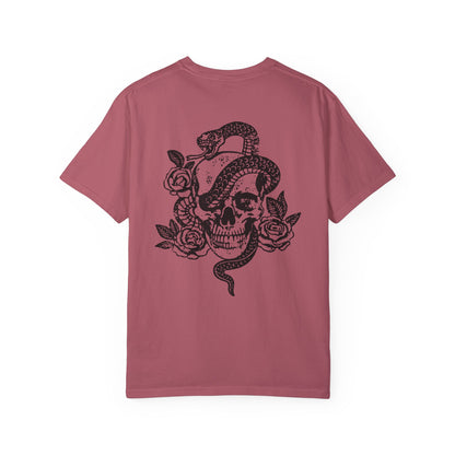 Snake skull shirt with a bold skull, rose, and snake design, blending edgy and gothic vibes. This dark graphic tee is ideal for fans of retro snake shirts, witchy skeleton tees, or unique rose t-shirts seeking a vintage gothic aesthetic for everyday wear.
