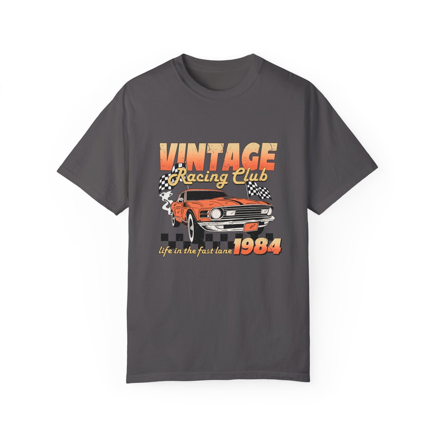 Retro racing T-shirt featuring a bold 1984 vintage design with distressed car graphics. Perfect nostalgic car shirt for muscle car lovers, featuring checkered flag details. Ideal for fans of old school racing and fast lane graphic tees.