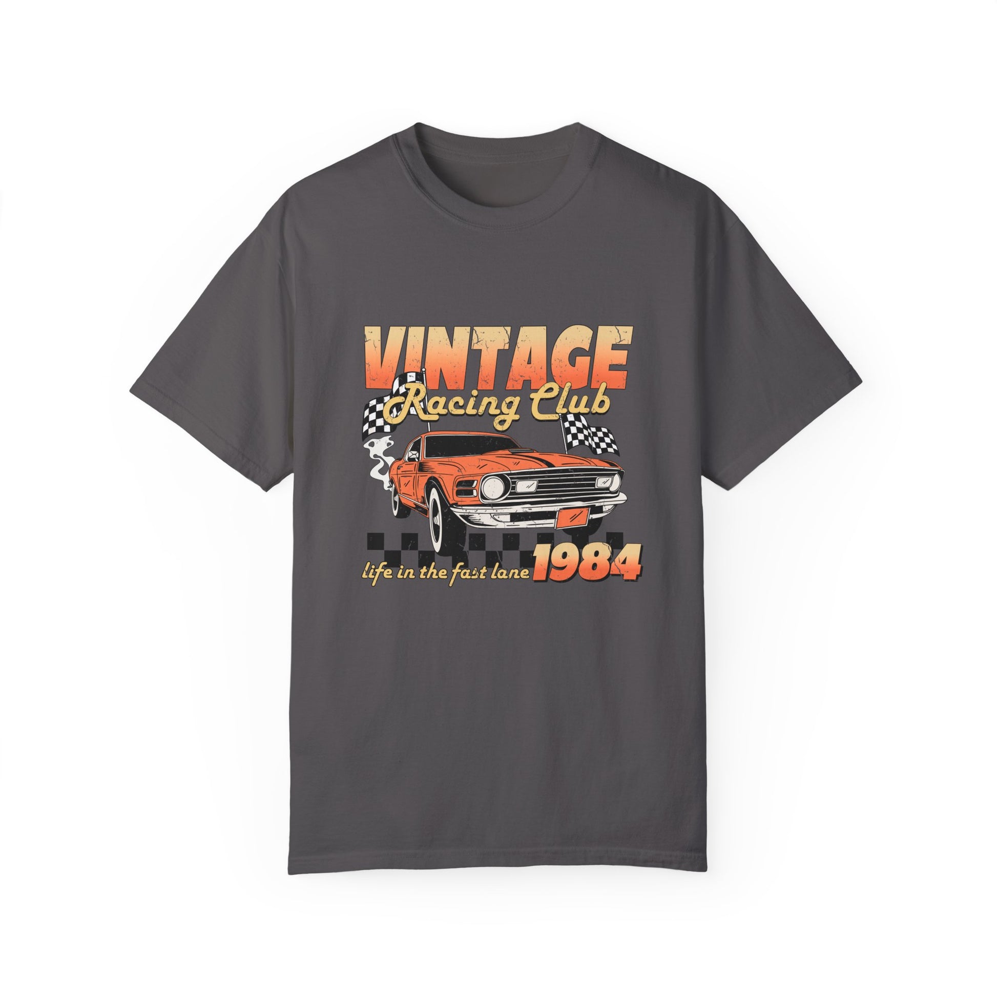 Retro racing T-shirt featuring a bold 1984 vintage design with distressed car graphics. Perfect nostalgic car shirt for muscle car lovers, featuring checkered flag details. Ideal for fans of old school racing and fast lane graphic tees.