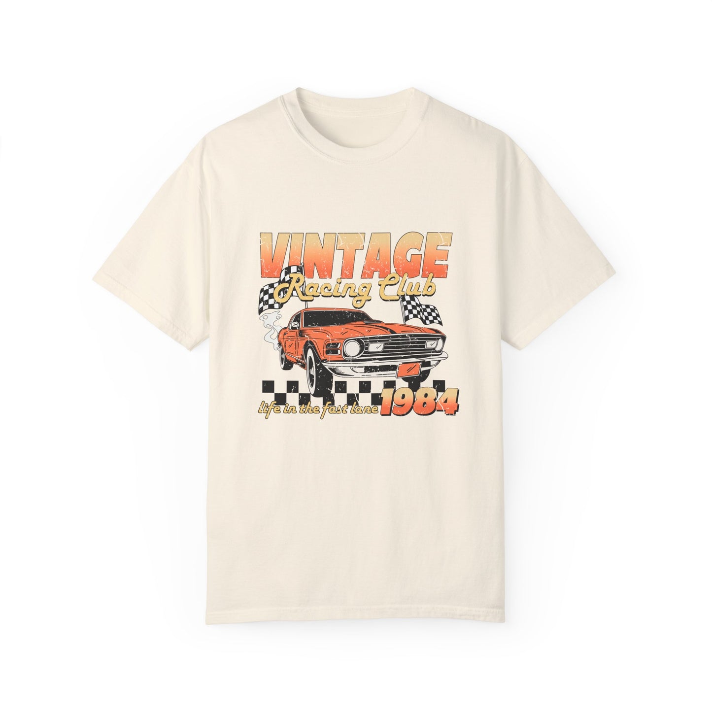 Retro racing T-shirt featuring a bold 1984 vintage design with distressed car graphics. Perfect nostalgic car shirt for muscle car lovers, featuring checkered flag details. Ideal for fans of old school racing and fast lane graphic tees.