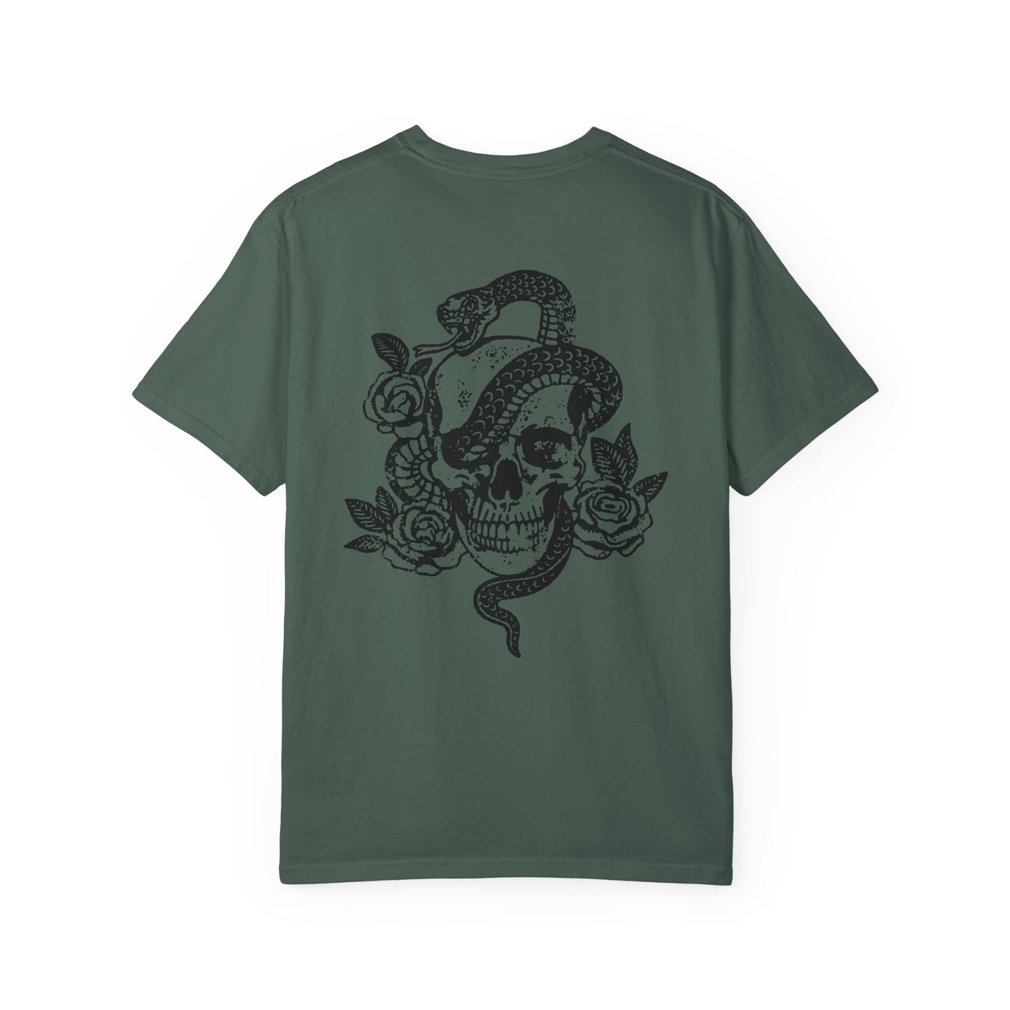 Snake skull shirt with a bold skull, rose, and snake design, blending edgy and gothic vibes. This dark graphic tee is ideal for fans of retro snake shirts, witchy skeleton tees, or unique rose t-shirts seeking a vintage gothic aesthetic for everyday wear.