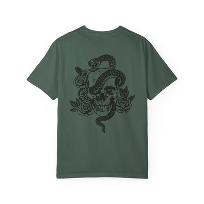 Snake skull shirt with a bold skull, rose, and snake design, blending edgy and gothic vibes. This dark graphic tee is ideal for fans of retro snake shirts, witchy skeleton tees, or unique rose t-shirts seeking a vintage gothic aesthetic for everyday wear.
