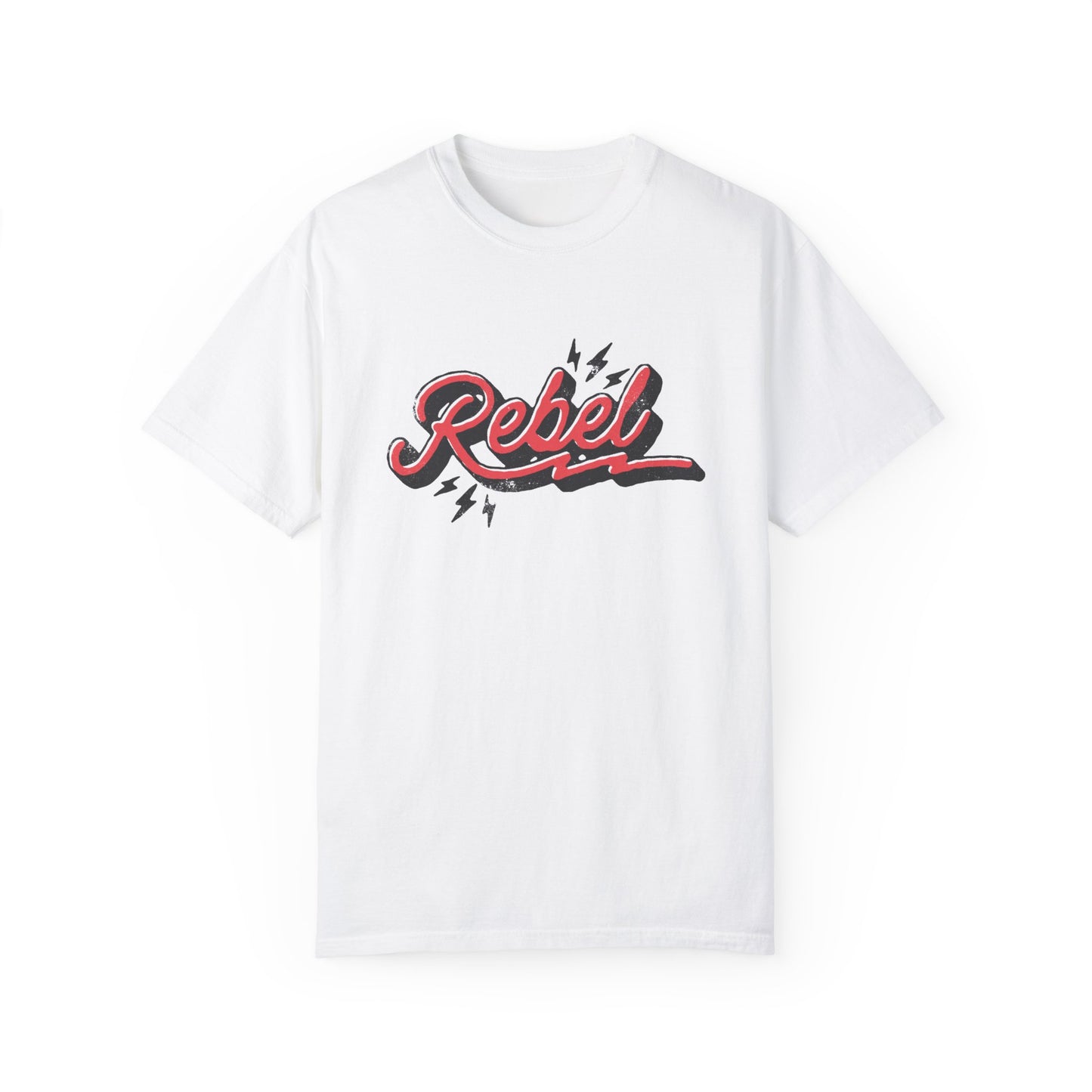 Retro Rebel Tee with vintage-inspired graphic and lightning bolt design. Oversized Rebel Tee perfect for streetwear or casual looks. Distressed Rebel Tee for 90s vibes. Bold Rebel Graphic Tee for a statement style. Ideal for everyday wear with a cool edge.