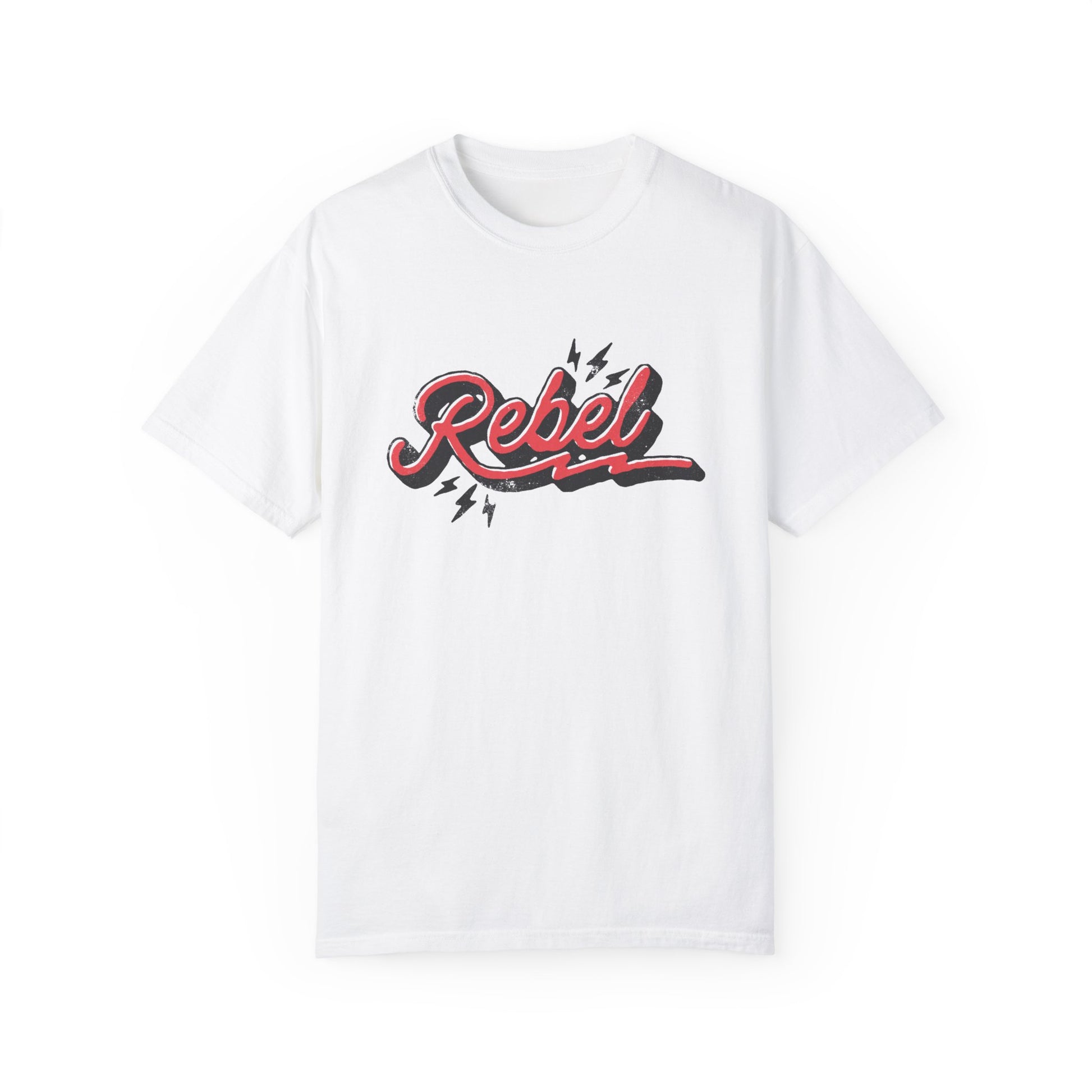 Retro Rebel Tee with vintage-inspired graphic and lightning bolt design. Oversized Rebel Tee perfect for streetwear or casual looks. Distressed Rebel Tee for 90s vibes. Bold Rebel Graphic Tee for a statement style. Ideal for everyday wear with a cool edge.