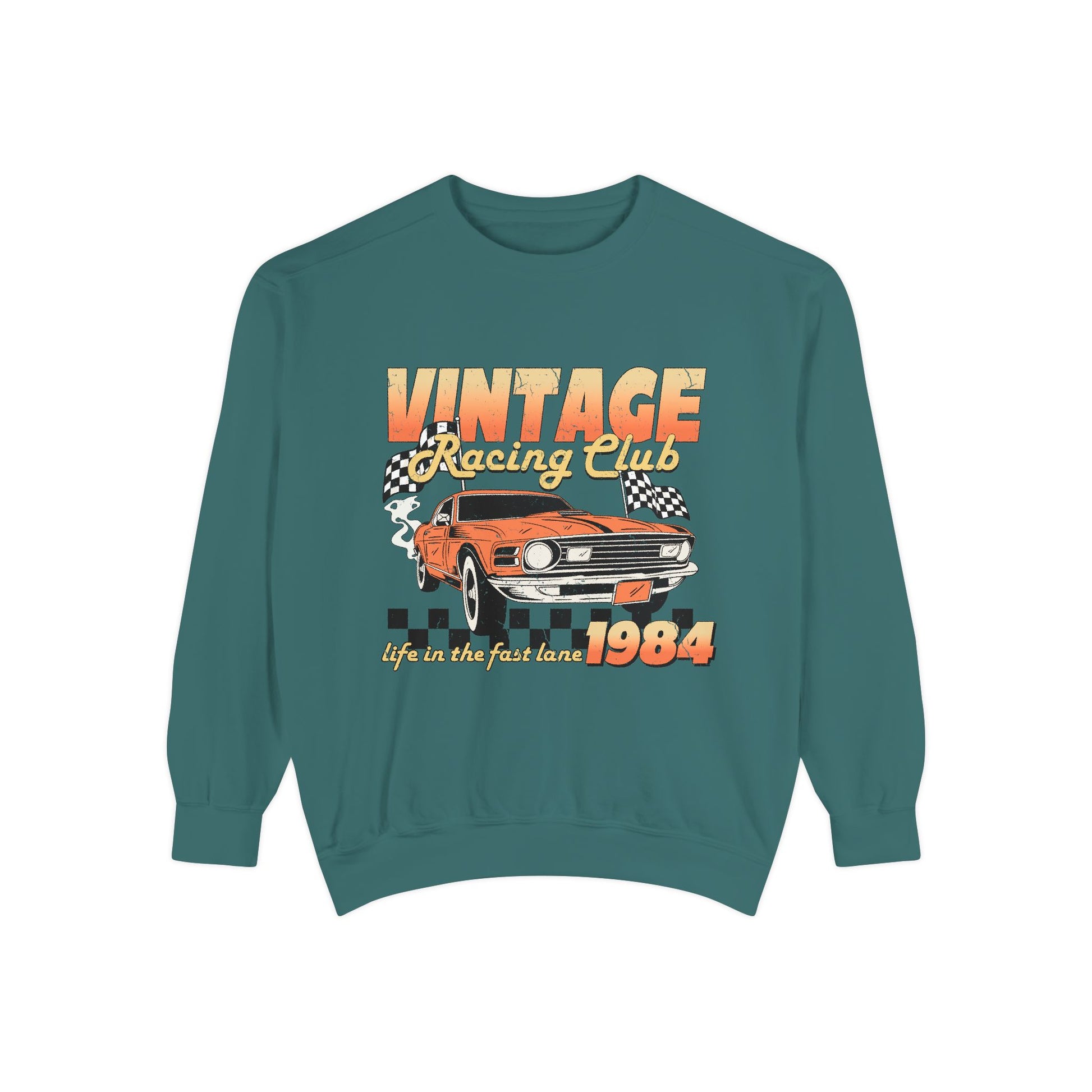 Retro car club shirt with vintage 1984 race car graphic, distressed design, and checkered flag accents. Perfect for muscle car lovers and fans of classic racing. Available as a crewneck sweatshirt in multiple colors.