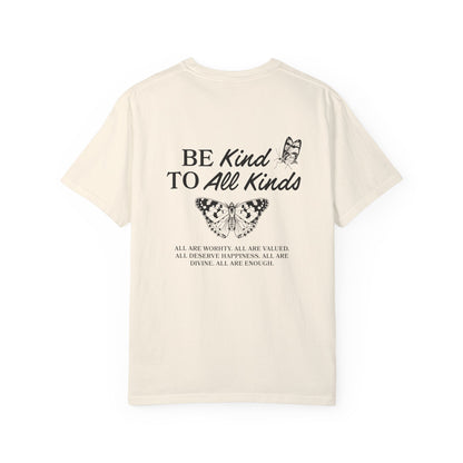 Be Kind Graphic Tee with butterfly design and uplifting message. Kindness Quote Tee made from soft cotton, perfect for casual wear. This Be Kind To All Tee spreads positivity and features an inspiring quote, great as a motivational shirt for daily style.