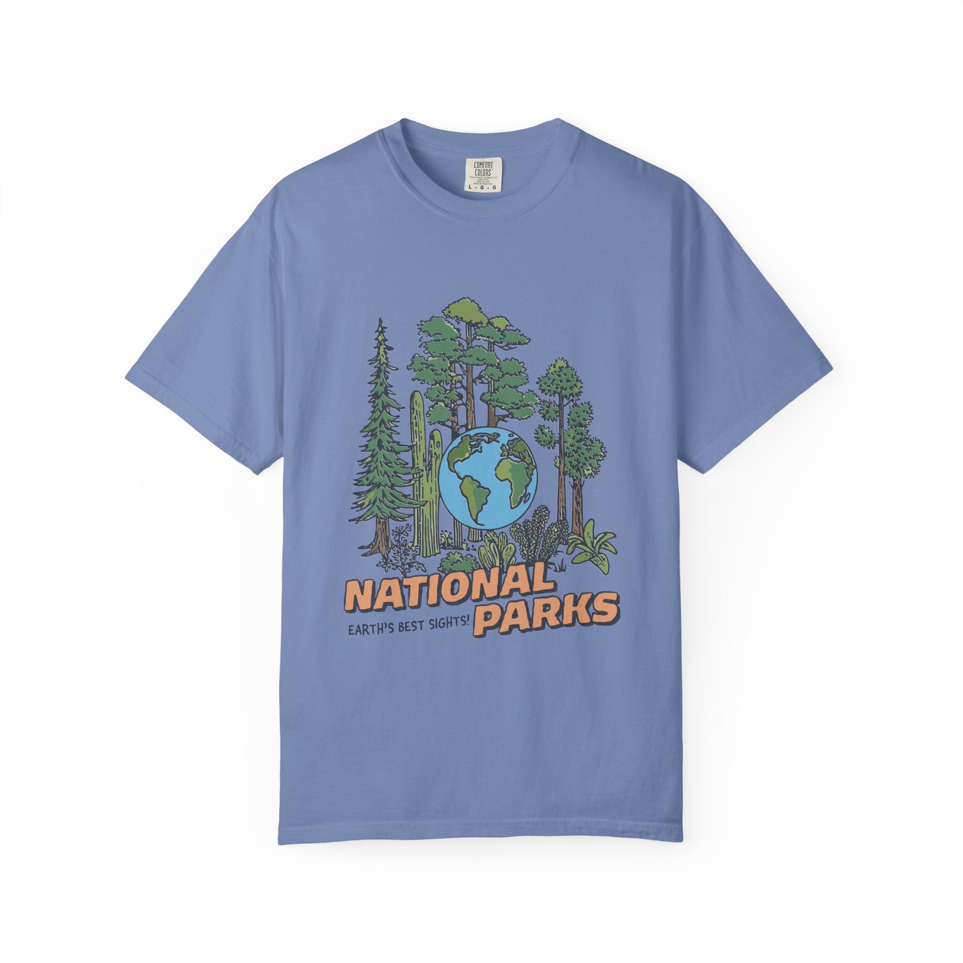 Blue t-shirt with national parks graphic on a white background