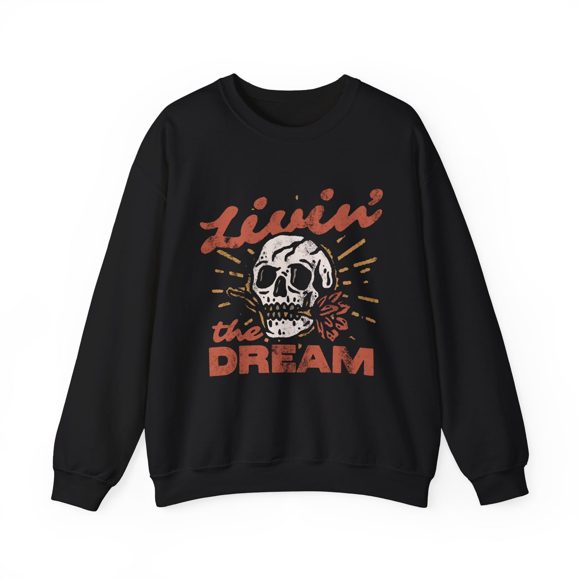 Oversized retro skull sweatshirt with bold vintage-inspired design. Livin' The Dream shirt featuring edgy graphic details. Perfect boho skull pullover for grunge and aesthetic styles. Casual vintage skull sweater ideal for layering and everyday wear. 