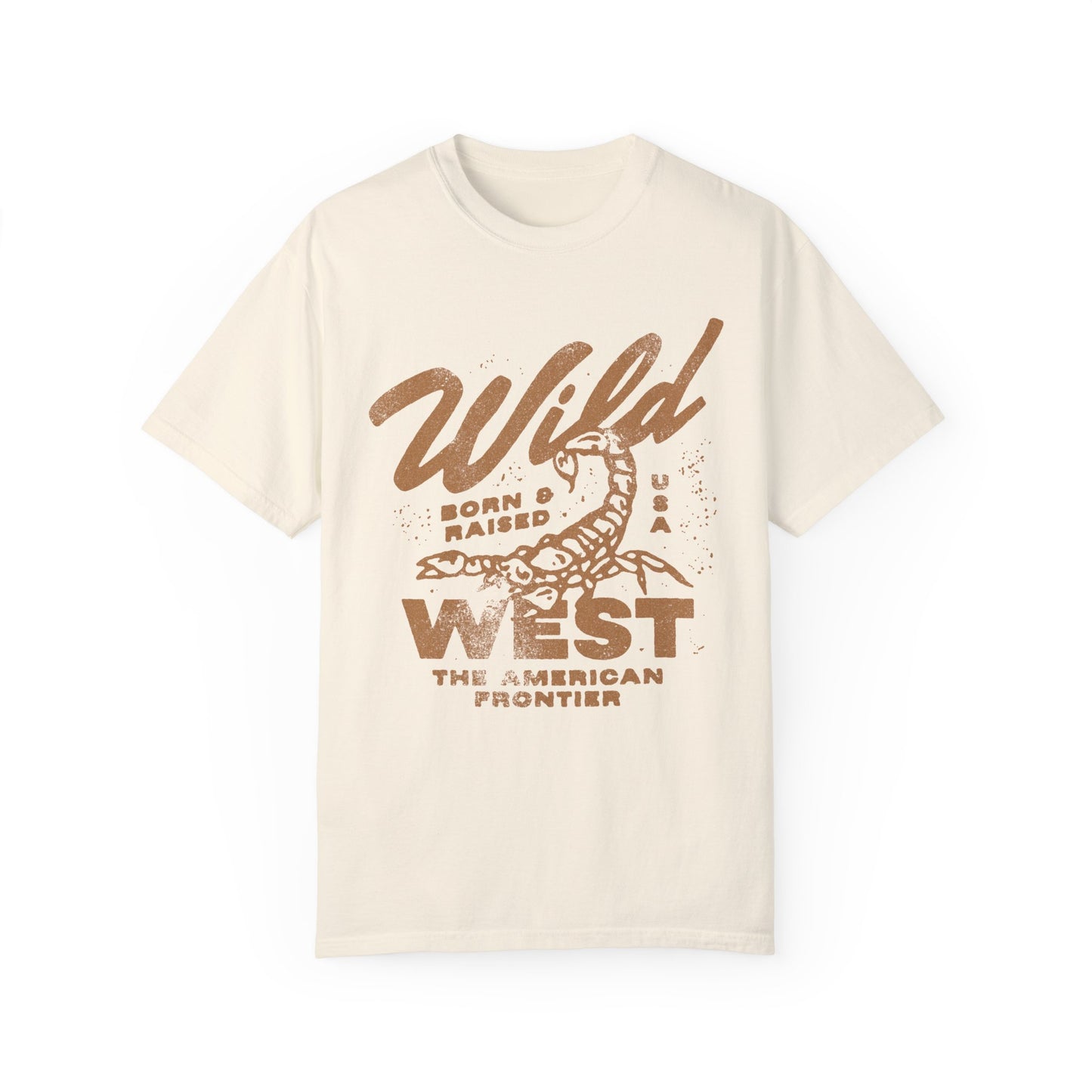 Vintage western shirt with a scorpion graphic and distressed details. Retro cowboy t-shirt inspired by the American West. Rodeo graphic t-shirt with a rustic frontier style. Wild West graphic tee with a bold design for a rugged, adventurous look.