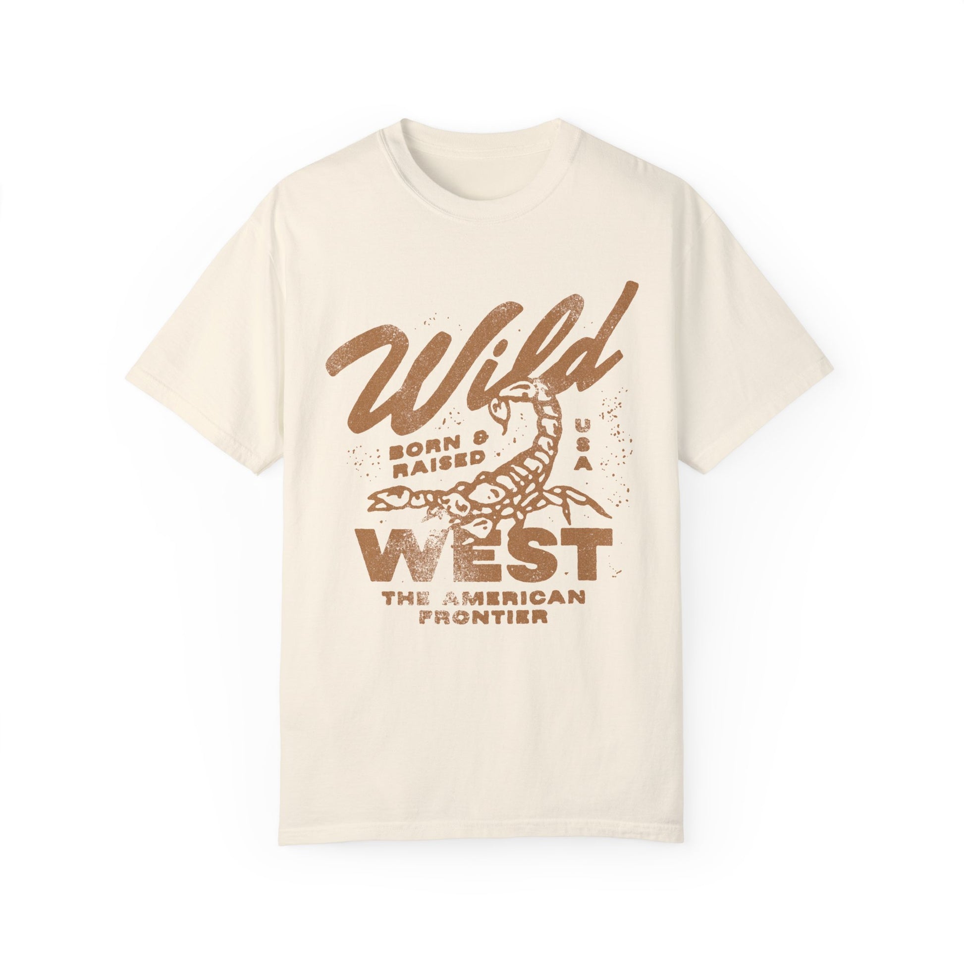 Vintage western shirt with a scorpion graphic and distressed details. Retro cowboy t-shirt inspired by the American West. Rodeo graphic t-shirt with a rustic frontier style. Wild West graphic tee with a bold design for a rugged, adventurous look.