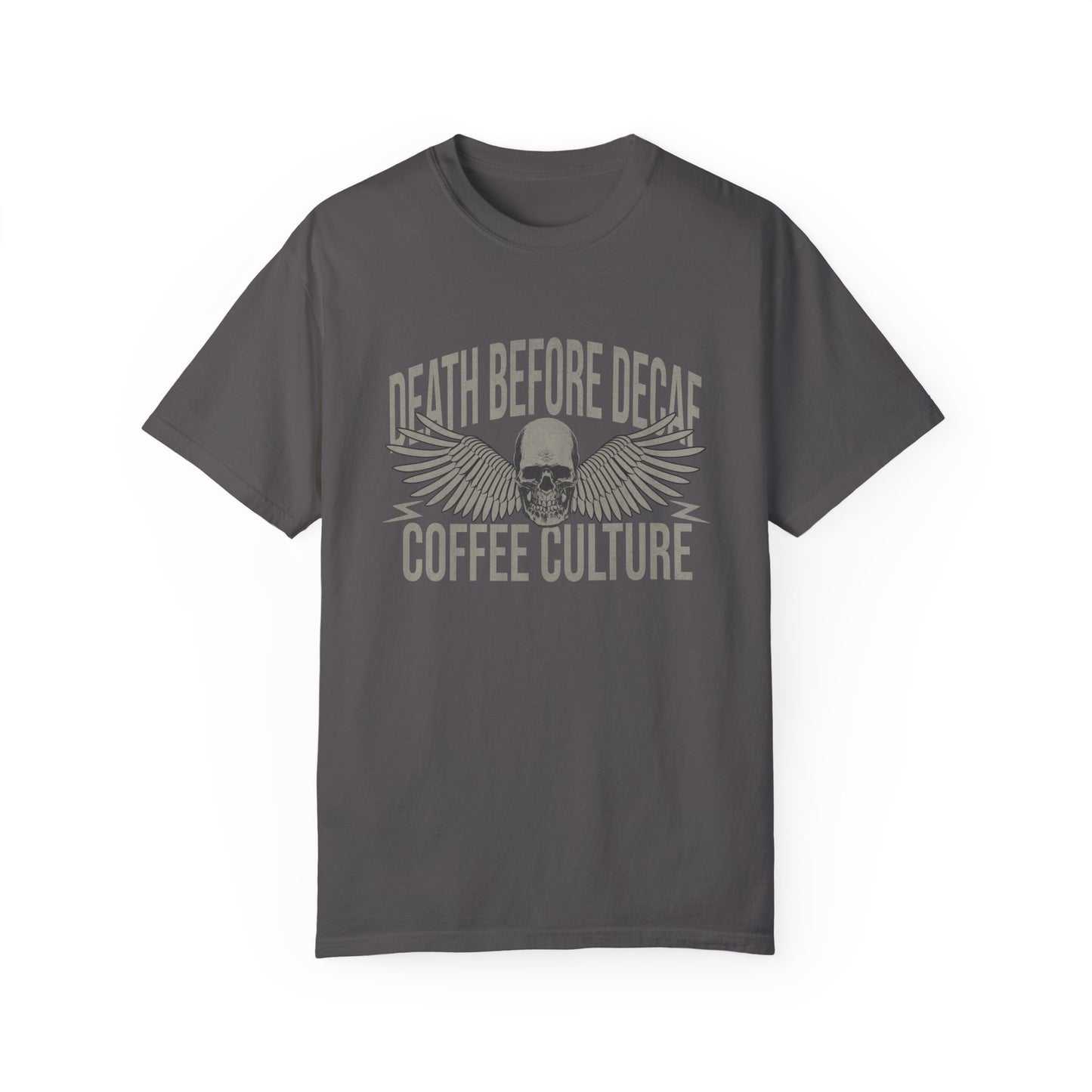 T-shirt with bold Death Before Decaf design featuring a skull and wings. Perfect for coffee lovers who prefer strong brews. This edgy coffee skull shirt makes a great caffeine addict tee or anti decaf shirt. Fits unisex style and works as a vintage coffee tee, goth coffee shirt, or strong coffee shirt. Ideal for casual wear, gifting, or making a bold coffee culture statement. Funny coffee shirt with attitude.