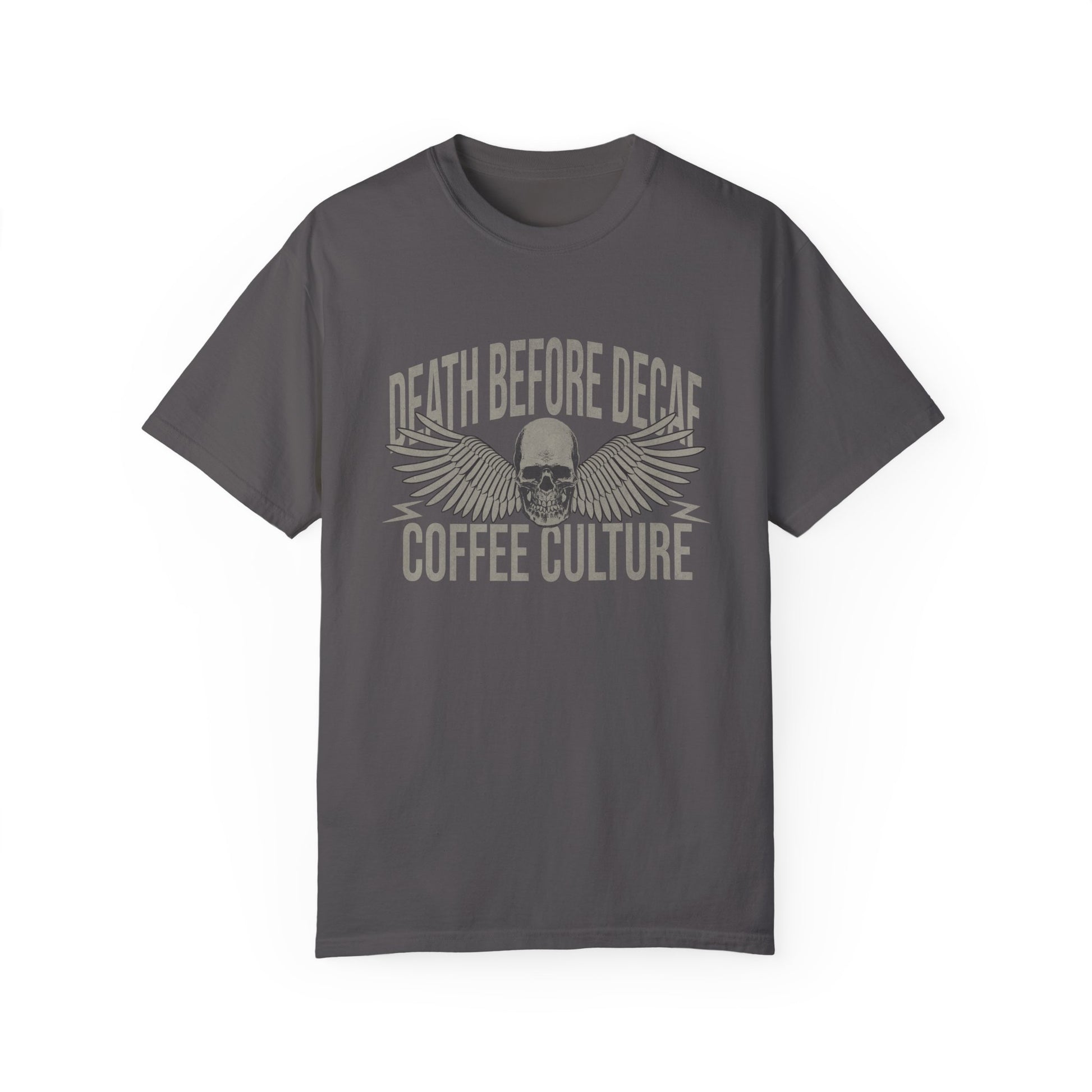 T-shirt with bold Death Before Decaf design featuring a skull and wings. Perfect for coffee lovers who prefer strong brews. This edgy coffee skull shirt makes a great caffeine addict tee or anti decaf shirt. Fits unisex style and works as a vintage coffee tee, goth coffee shirt, or strong coffee shirt. Ideal for casual wear, gifting, or making a bold coffee culture statement. Funny coffee shirt with attitude.