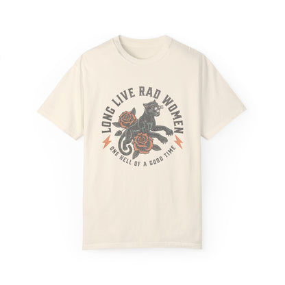 Rad women graphic tee with vintage panther and floral tattoo design. Feminist retro tee made for bold women and cool girls. Edgy graphic tee with panther crew style for rebel hearts. Powerful women tee perfect for everyday casual looks.