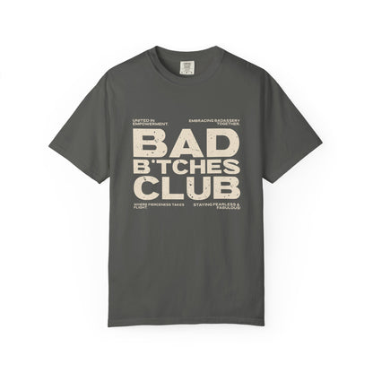 Gray t-shirt with 'Bad Bitches Club' text on a white background